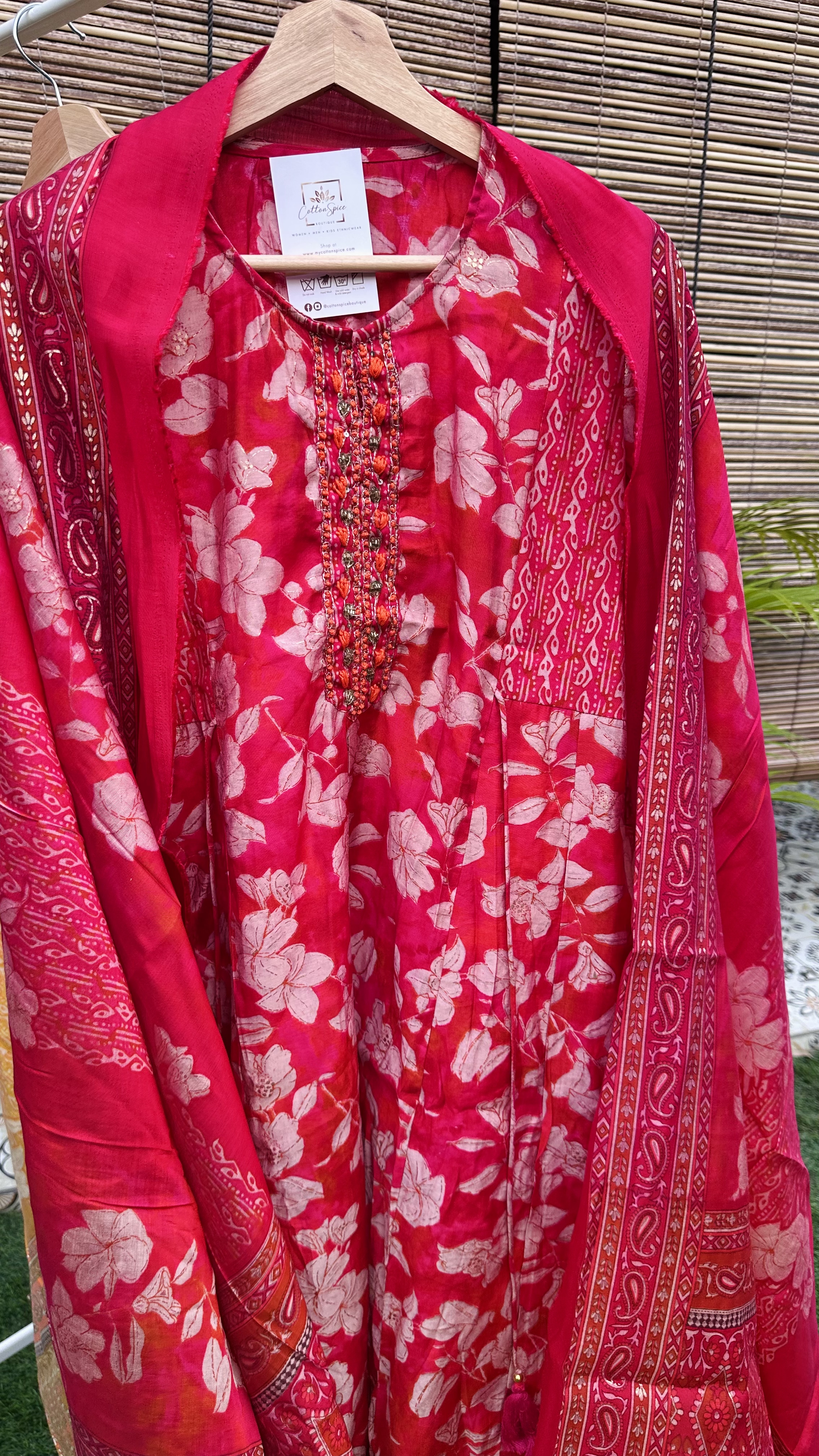 Red Floral Muslin Silk Anarkali set