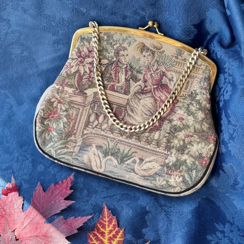 Vintage C.a. 1960s La Marquise Italian TapestryCourting Couple Pattern Double-Sided Handbag (MT2121)