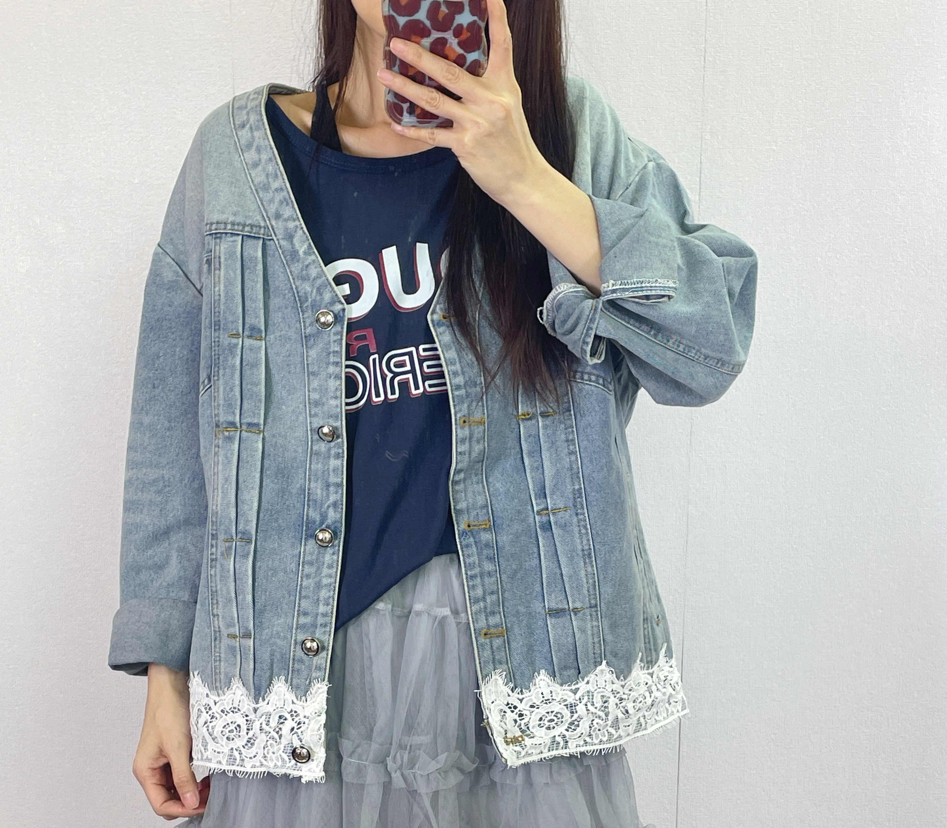 K5558 洗水牛仔衫腳拼lace外套
