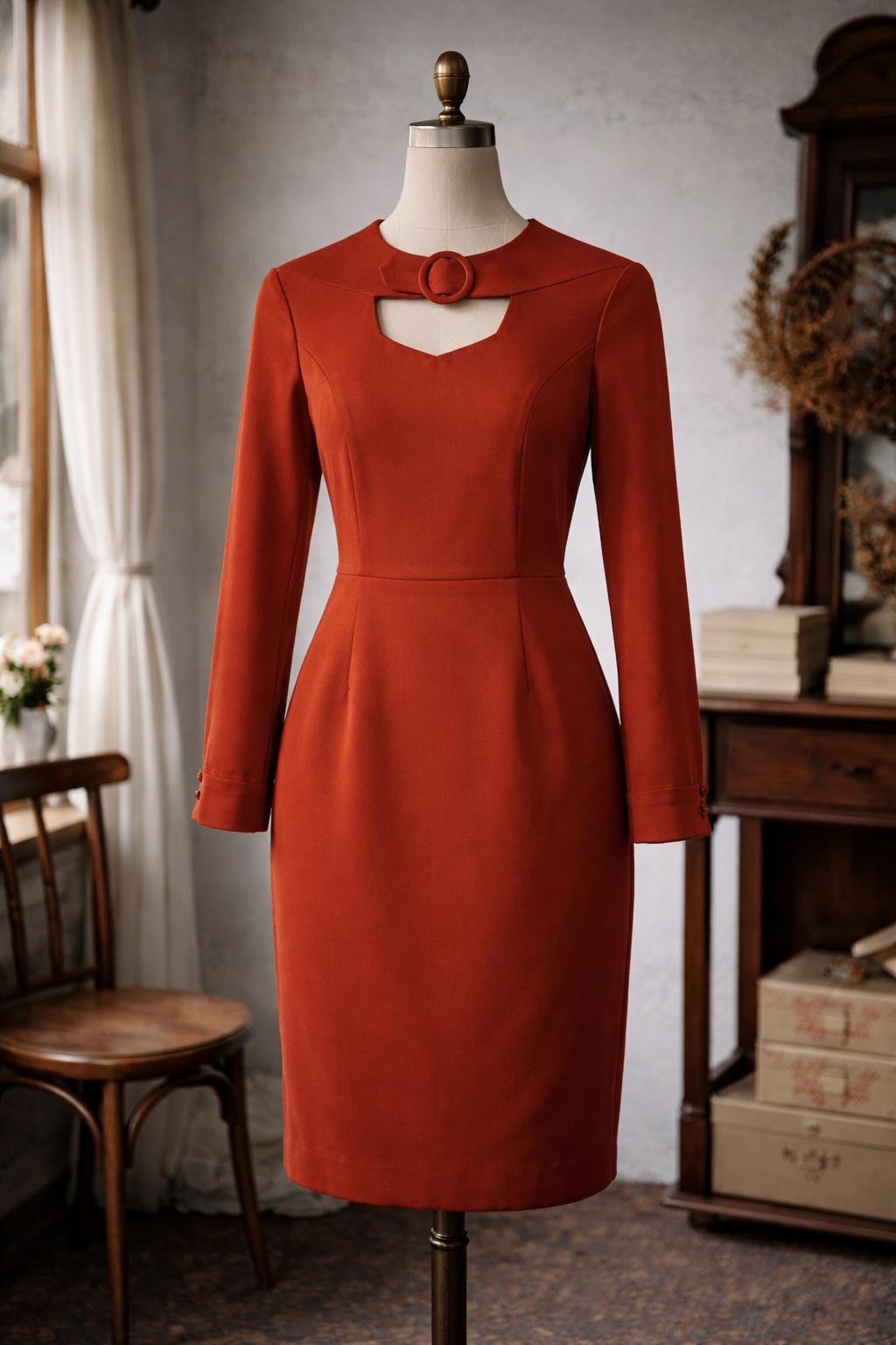 (Custom-Made) The Mod Buckle Neck Pencil Dress - Available in Green and Burnt Orange (FM235)