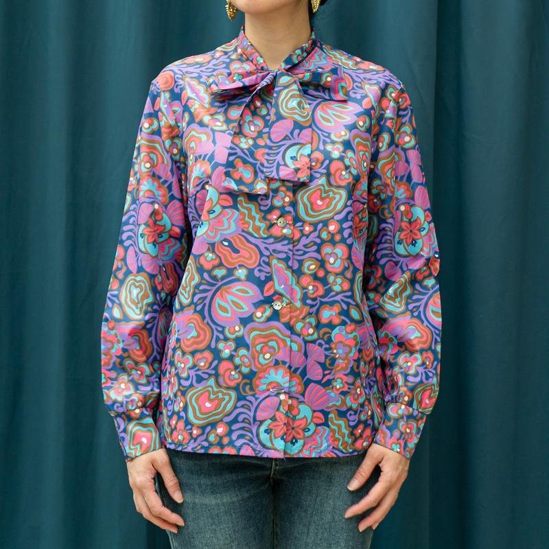 Vintage 1970s Hippies Psychedelic Pattern Tie Collar Blouse/Shirt (MT1605)