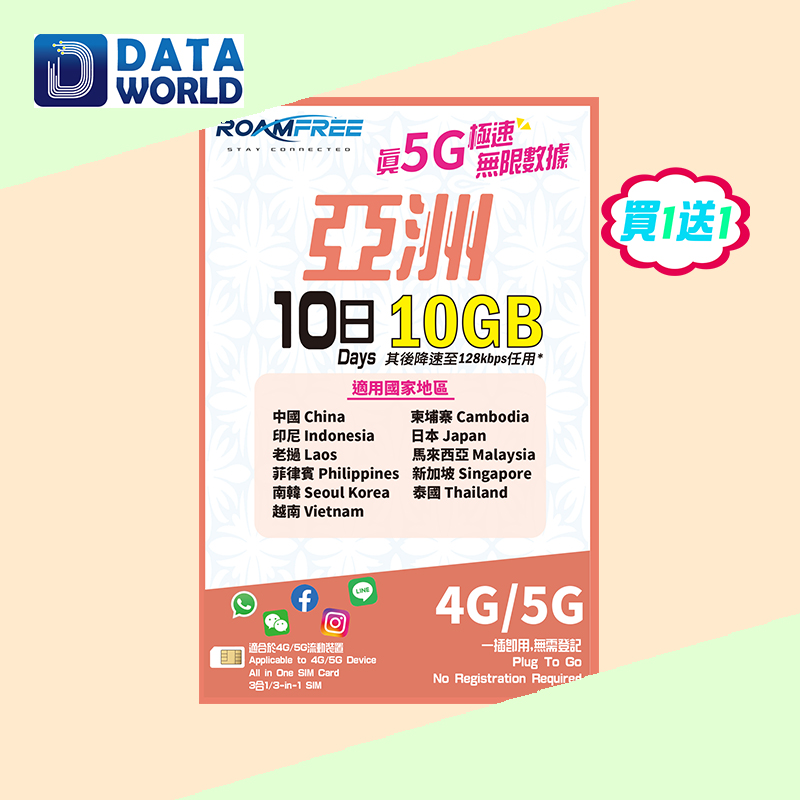 【買1送1優惠】Roamfree X 3HK 4G/5G 亞洲10日10GB無限數據卡