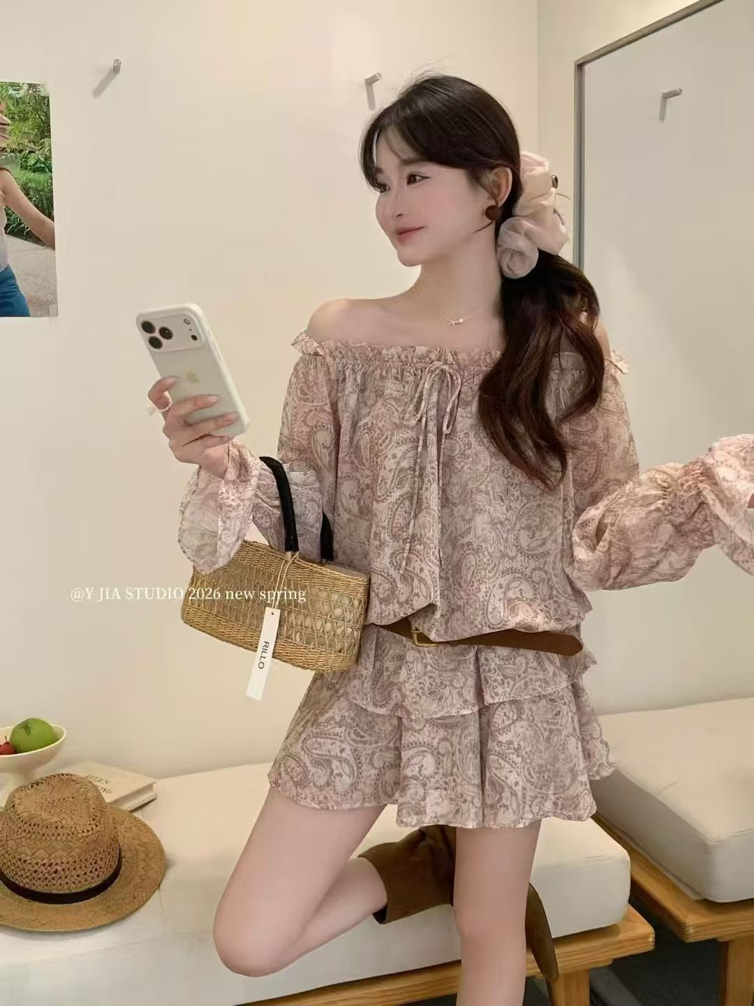 1773 Paisley Off-Shoulder Set法式度假佩斯里腰果套装