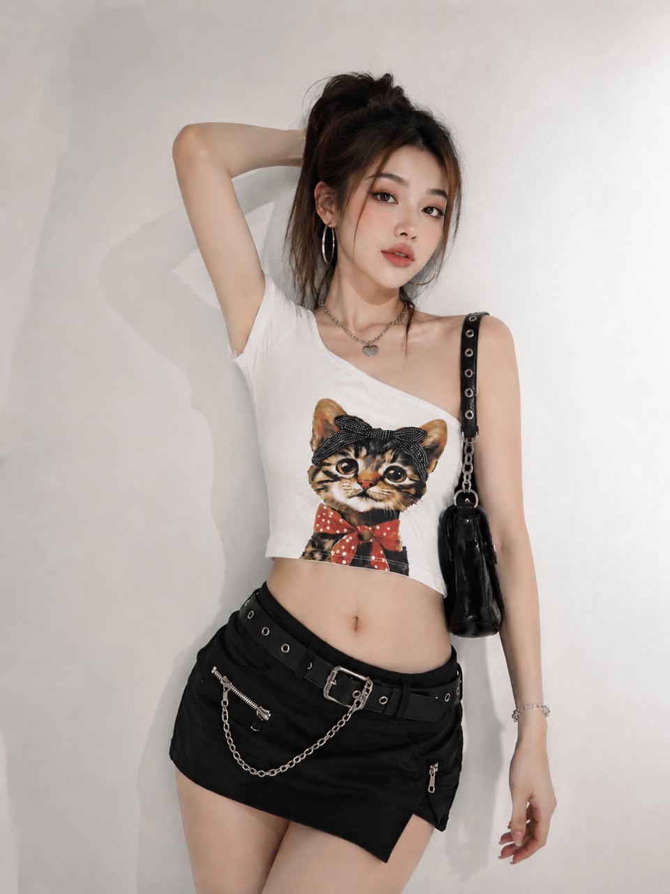 A100411 Korean Cat Print One Shoulder Crop Top