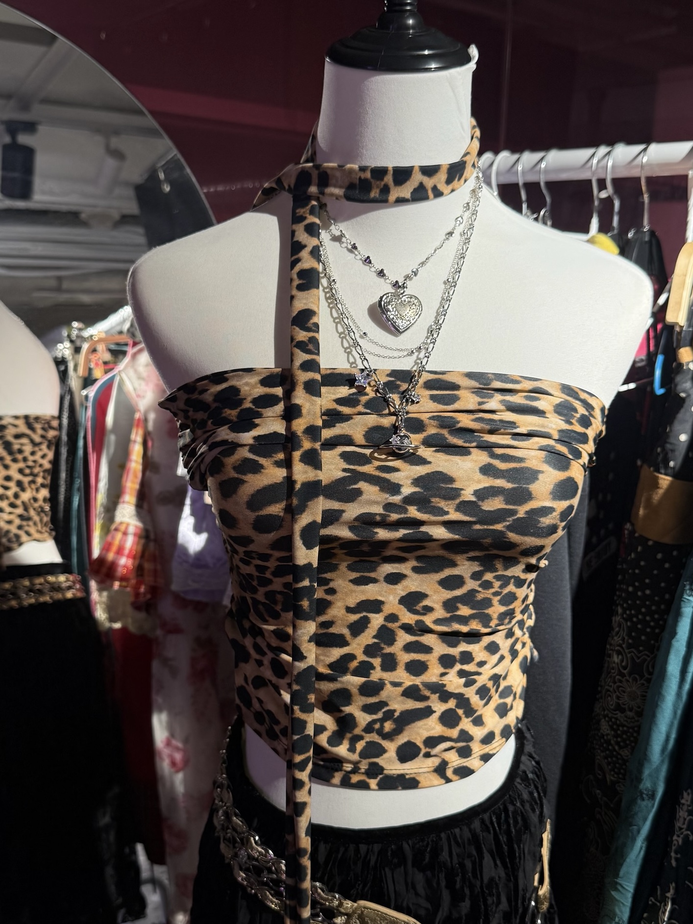 Cheetah Print Ruched Tube Top with Skinny Scarf
