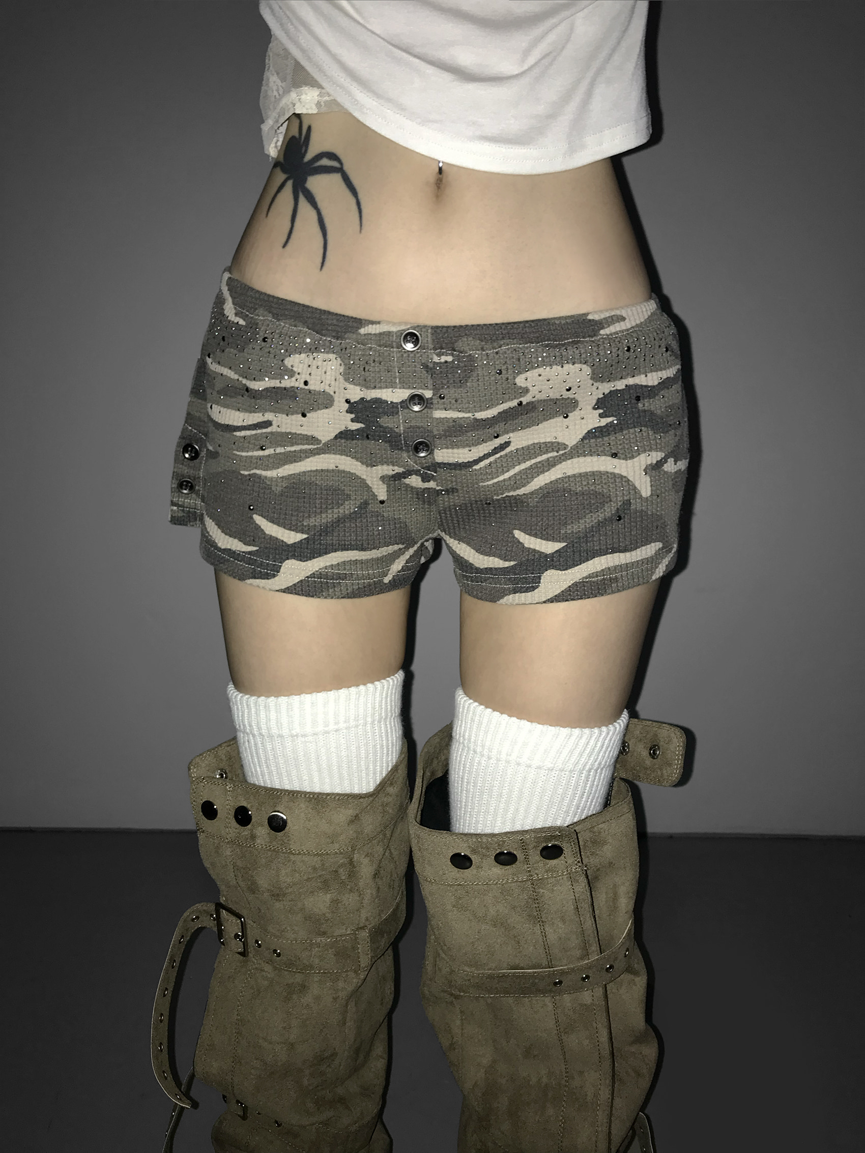 Waffle Knit Rhinestone Camo Shorts