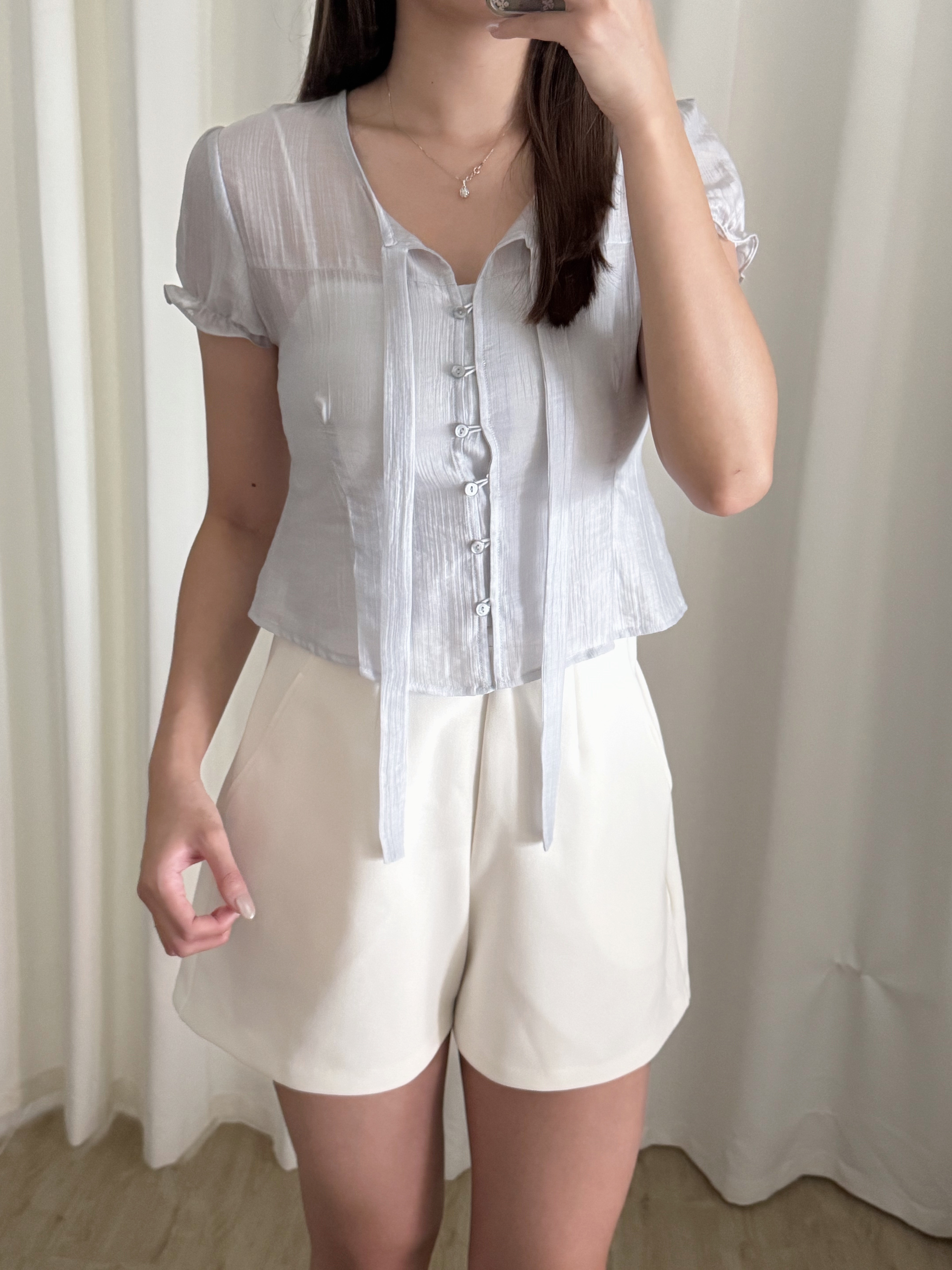 透薄綁帶微公主袖短袖上衣(三色入)