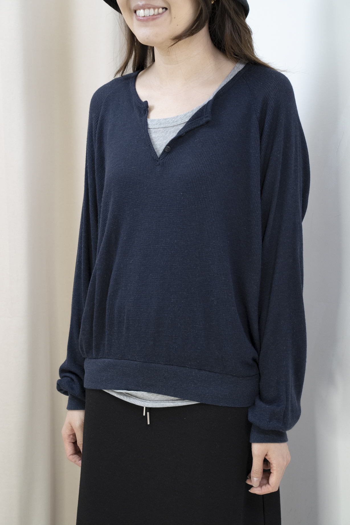 輕軟薄窩夫格紋半開胸上衣（藍色）