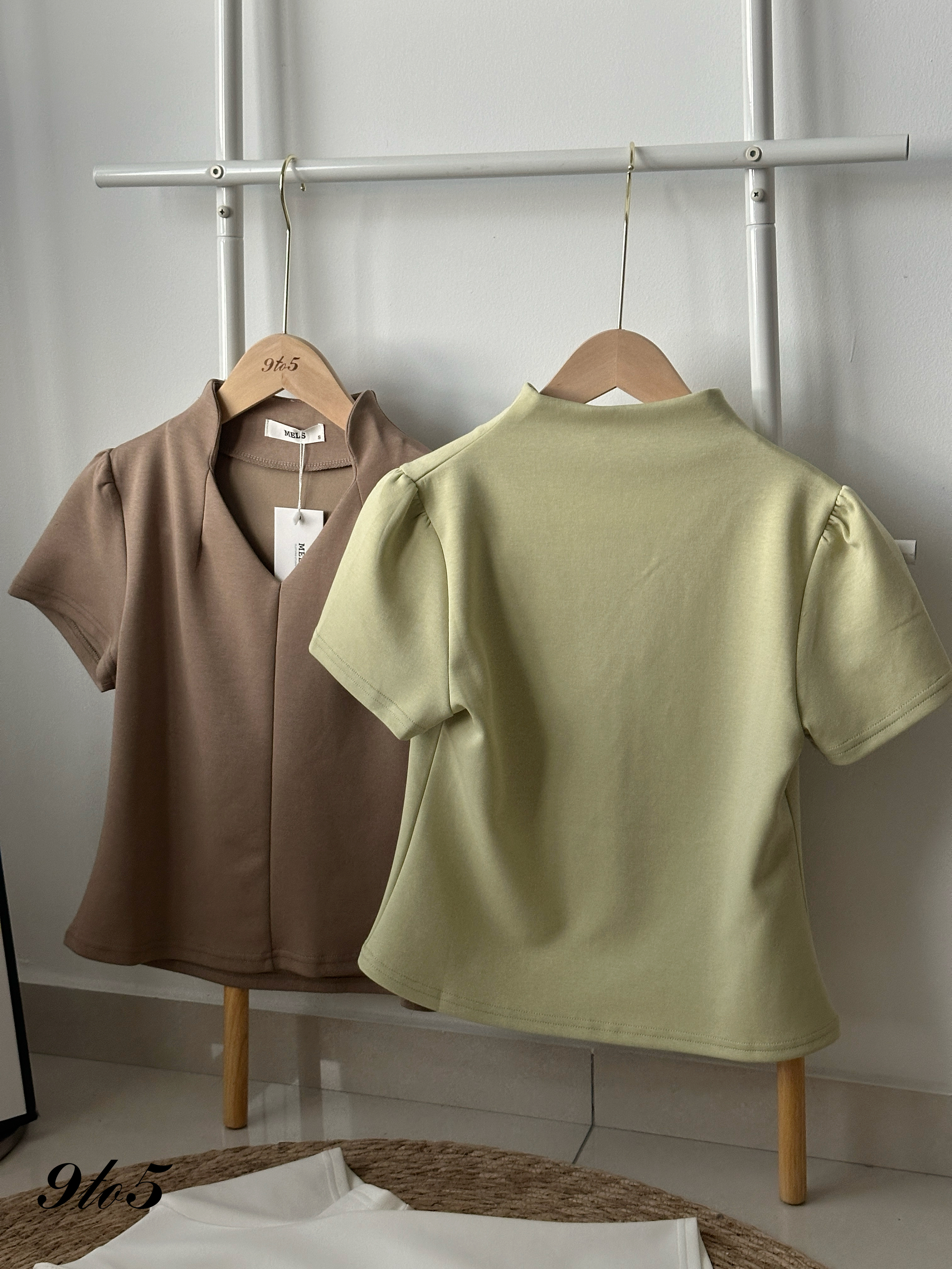 T4195 Puff Sleeve Diamond Neck Top - 4 Colors 