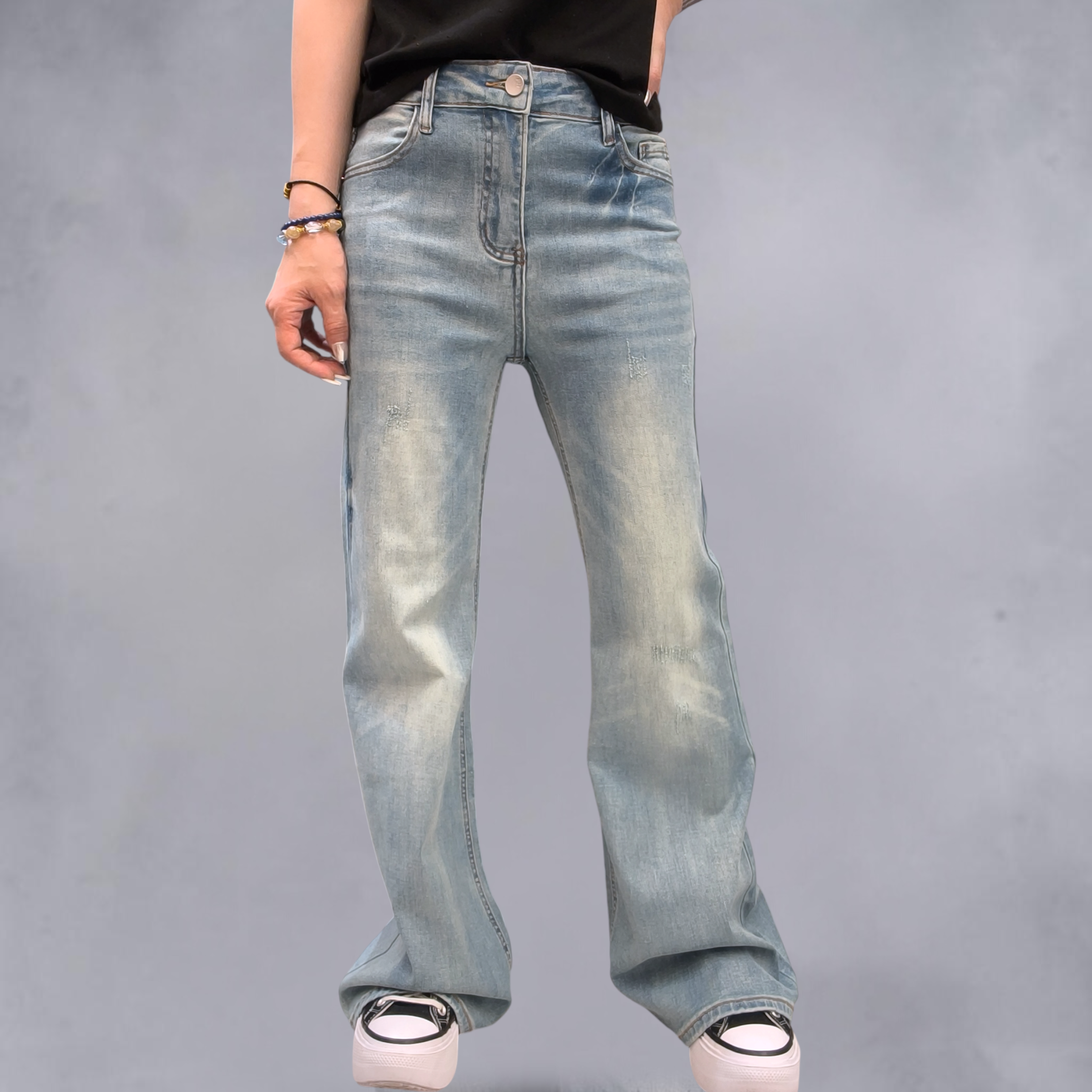 銀閃洗水喇叭牛仔褲