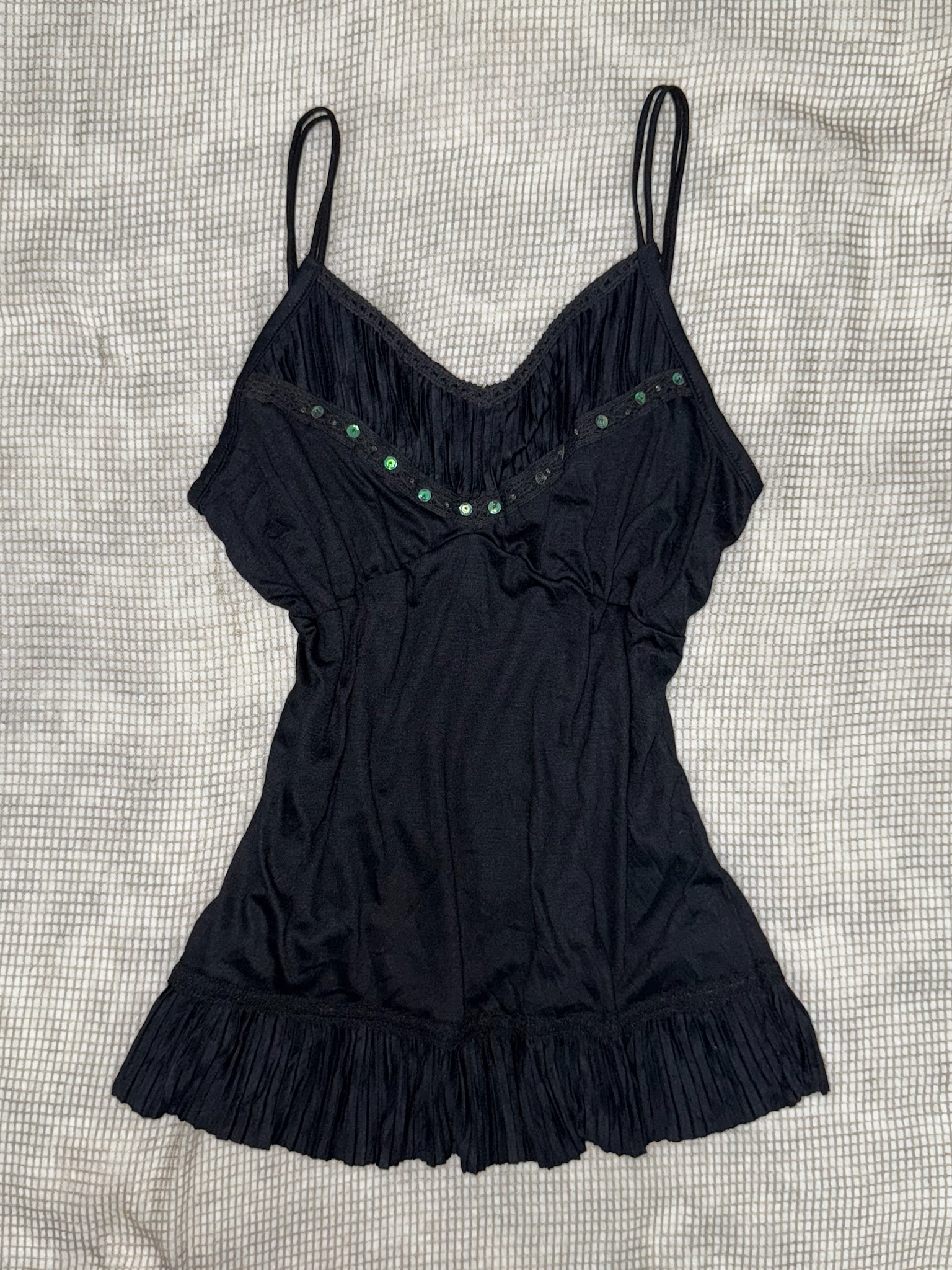 Vintage Y2K Black Camisole with Ruched Bust and Gem Detail
