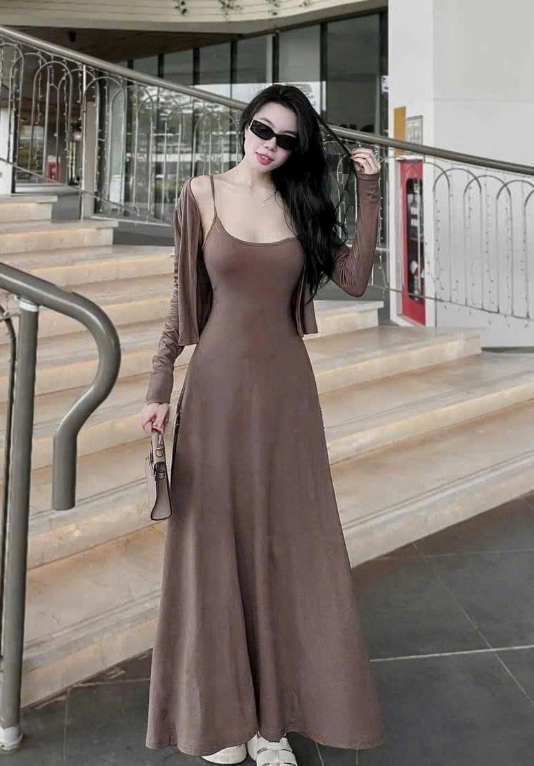 针织紧身连衣长裙两件套女