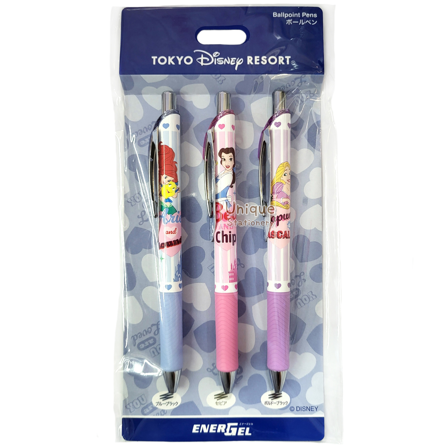 現貨｜【日本 Disney Store 限定】一套3枝 Princess Ariel 人魚公主 Belle 貝兒 美女與野獸 Rapunzel 長髮公主 日本製 Pentel EnerGel 0.5mm 啫喱筆 078109