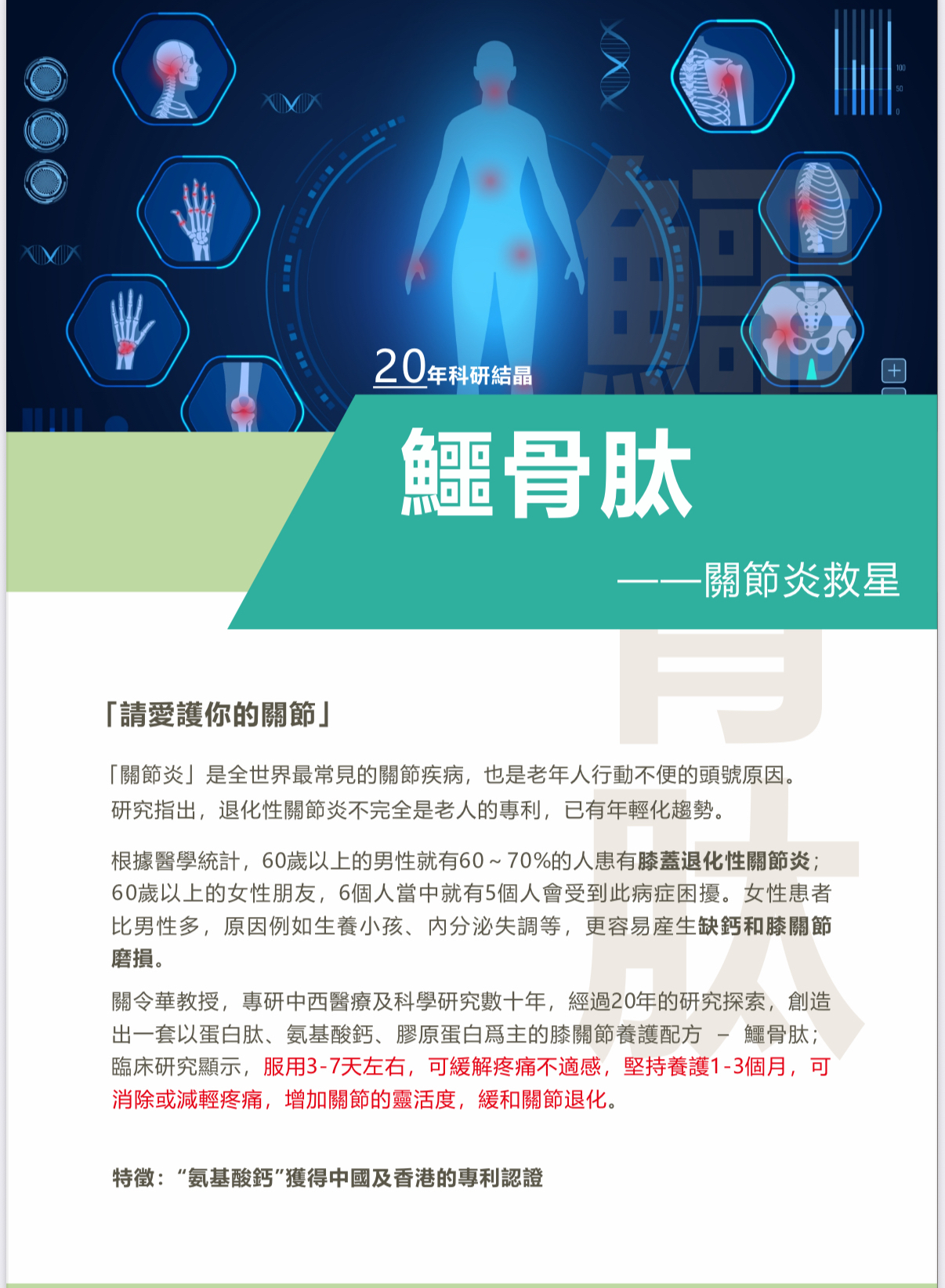 20年科研結品專利產品 鱷骨肽關節炎救星
