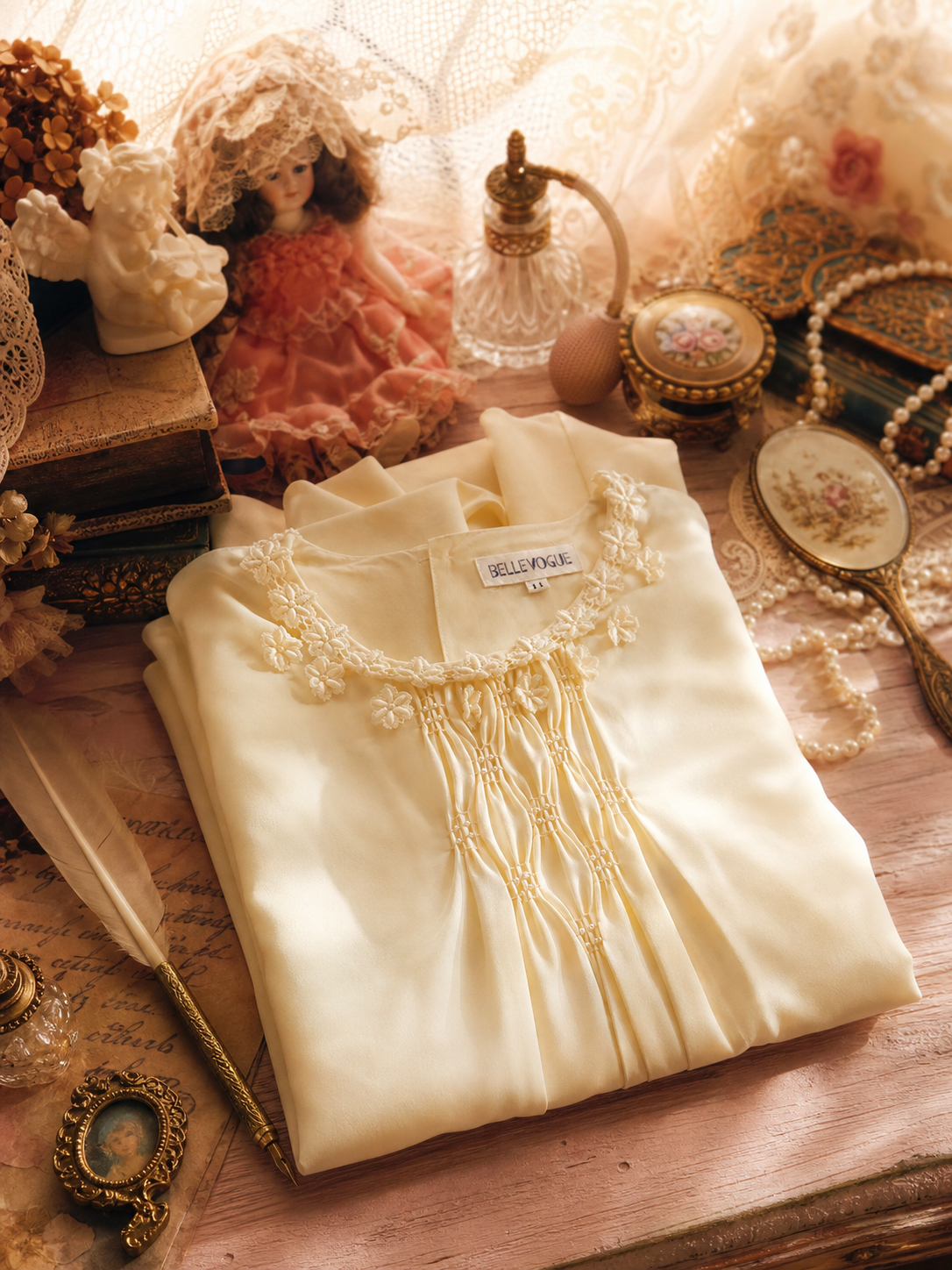 玫瑰莊園的晨光蕾絲小花環柔霧襯衫上衣Rosabelle Secret Garden  Floral Lace Neckline Blouse