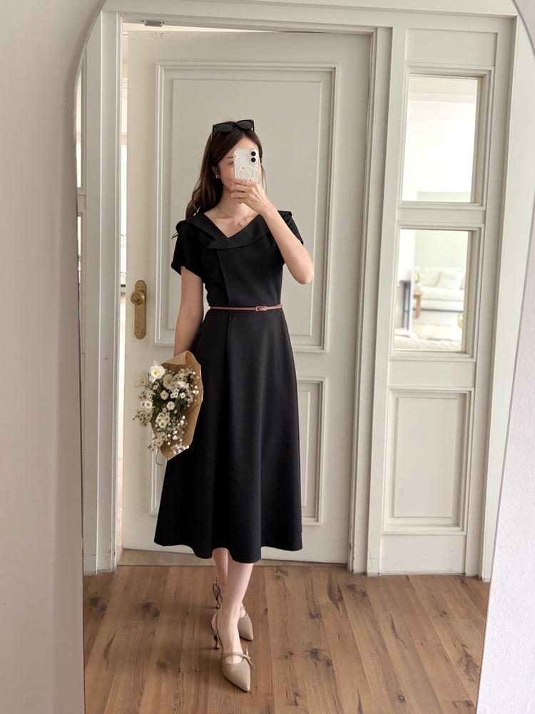 Sailor Collar Belted Dress (Black)