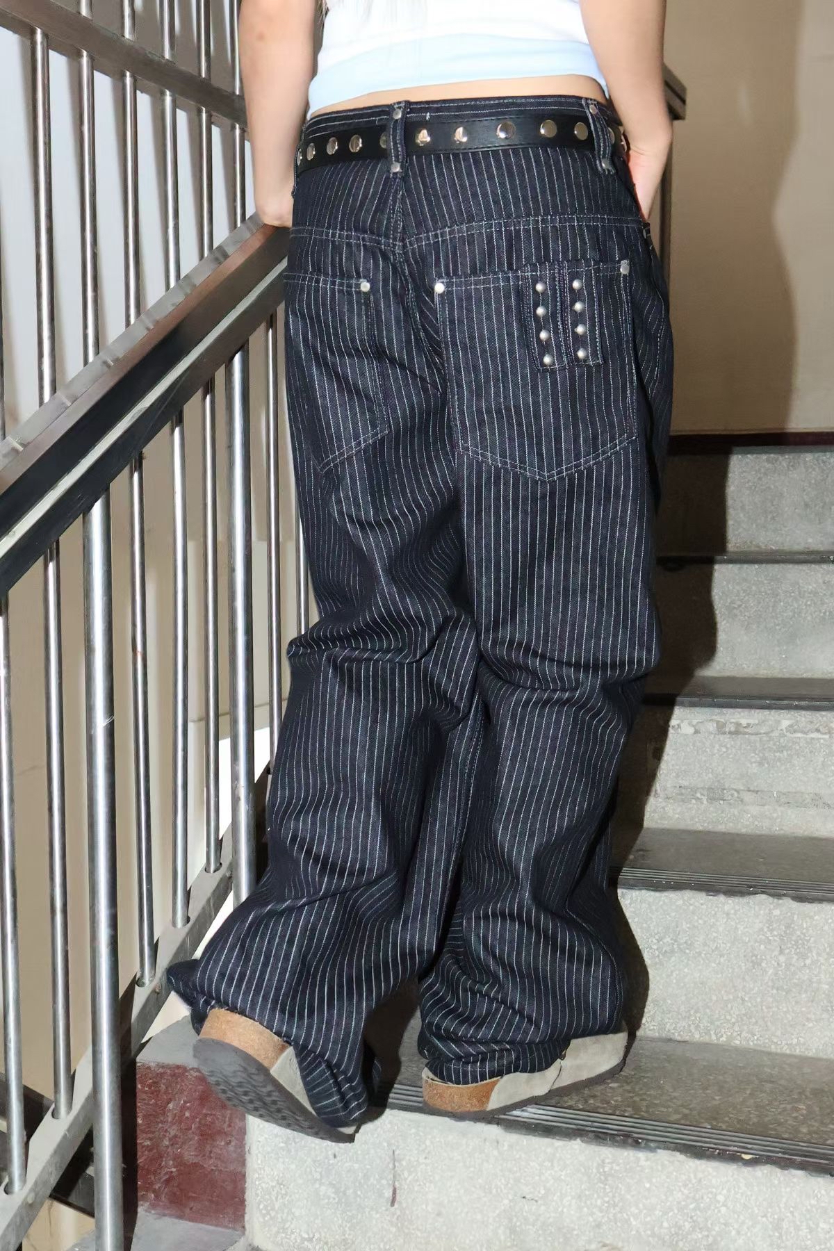 Studded Stripe Wide Denim Pants