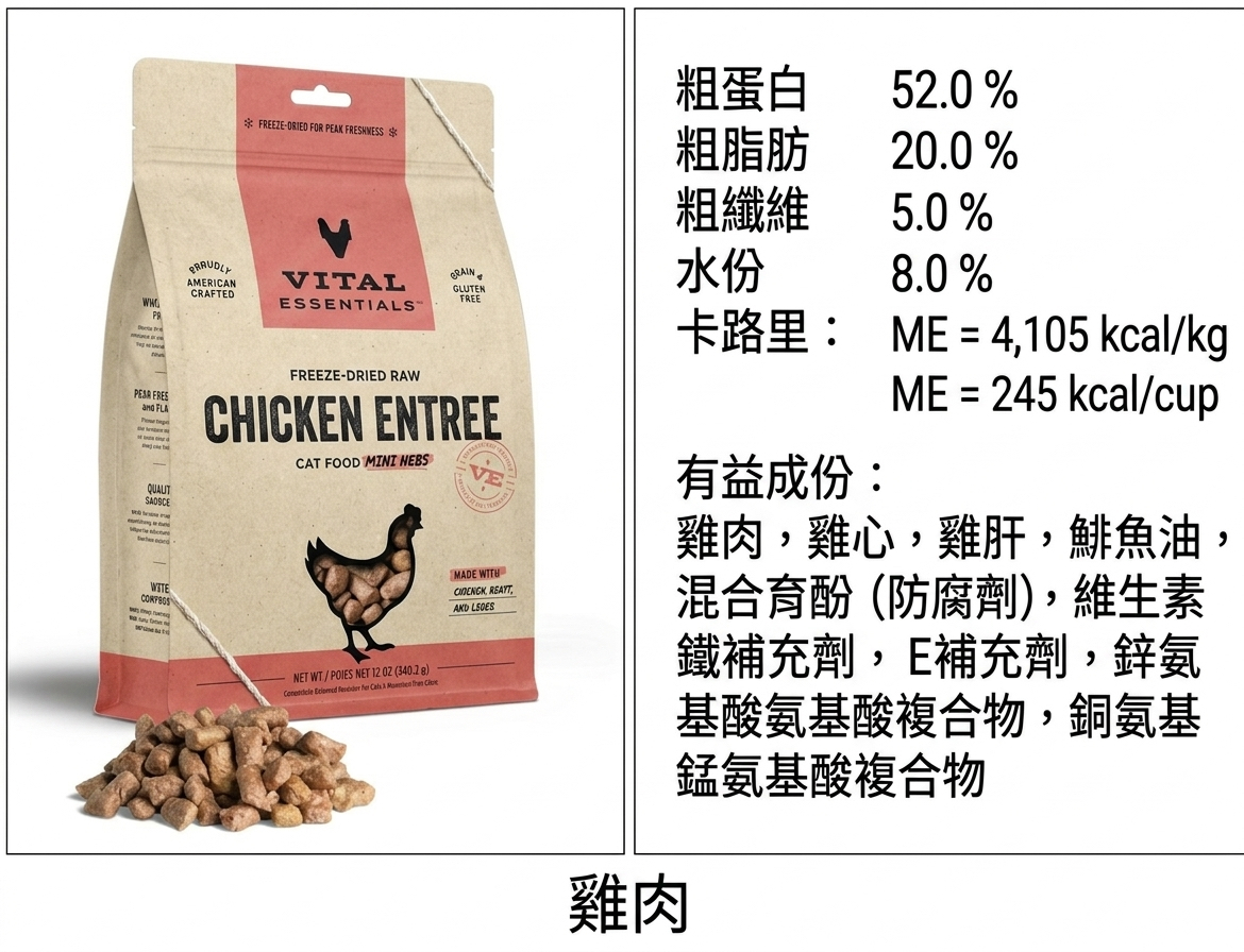 Vital Essentials 凍乾脫水生肉 貓主糧肉粒（4款口味）8Oz