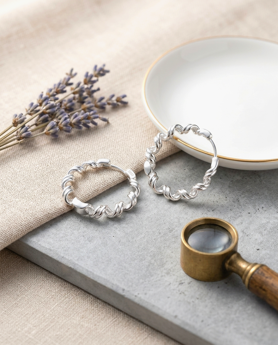 S925 - EE0331 Twisted Silver Hoop Earrings