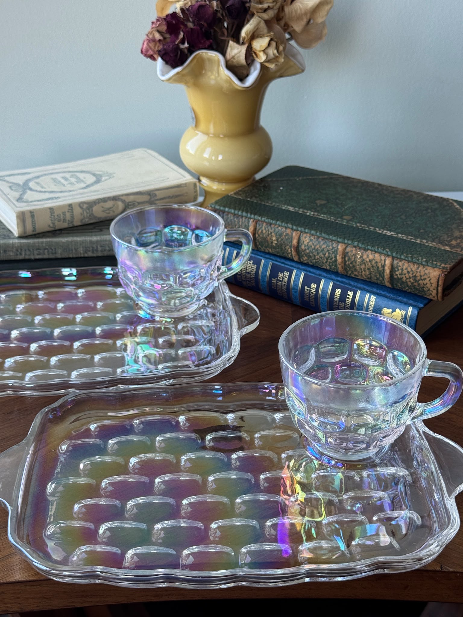 Vintage C.a. 1960s USA Federal Glass Yorktown “Thumbprint” Iridescent Snack Set -2 Sets  (MT2641)
