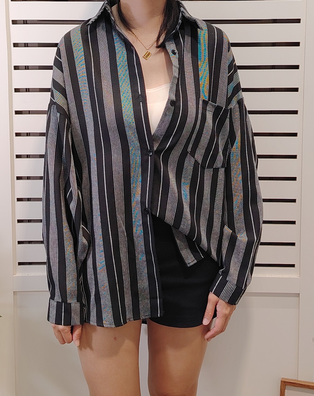 8169 Vertical Line Over Size Long Sleeve Shirt 