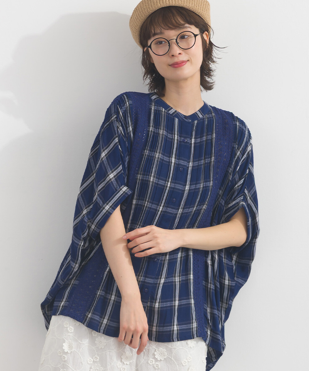 LP - 人造絲縐紗襯衫 (藍色格紋)