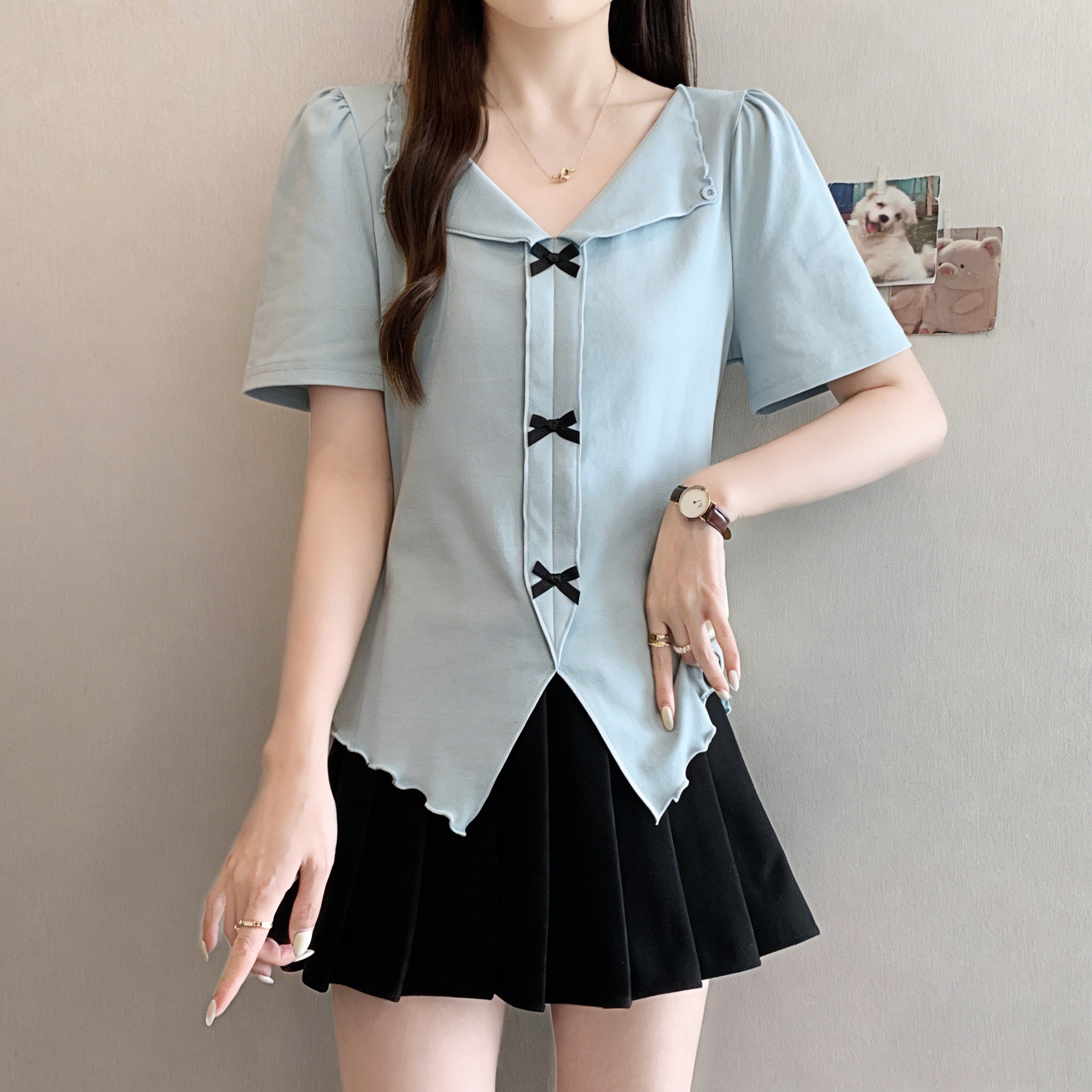 B158(80771) 韩版甜美风V型翻领前排立体蝴蝶结下摆开角木耳边3色上衣 