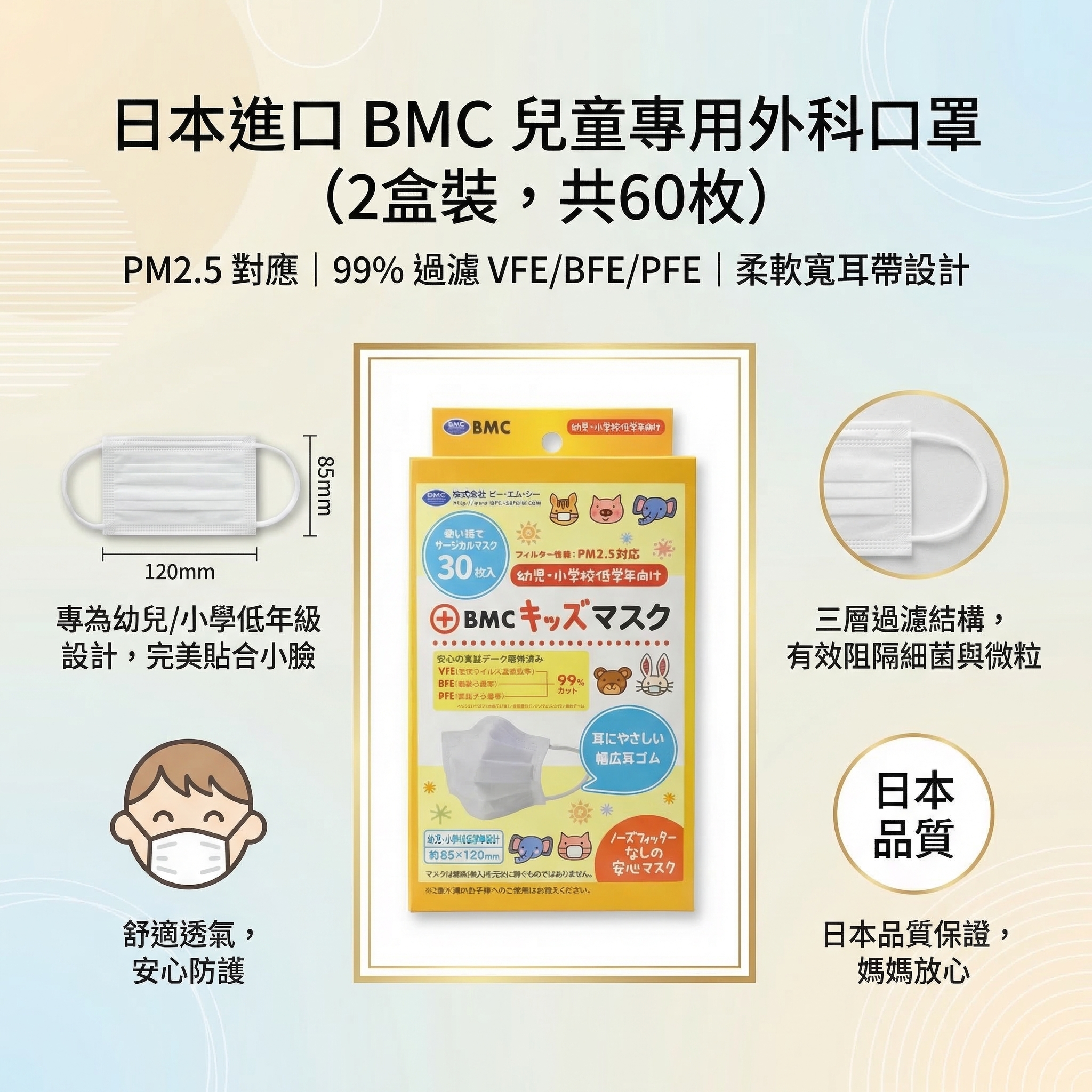 日本 BMC 兒童口罩 30個裝*2盒 一次性口罩 平行進口 (00719)