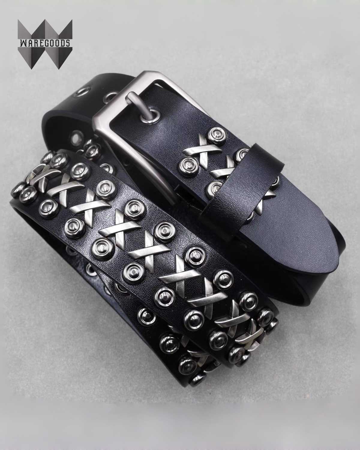 W011復古鍋釘二層牛皮皮帶