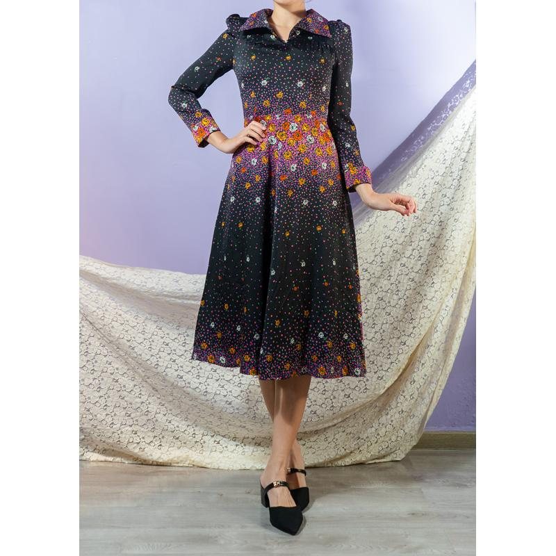 Vintage Scattered Firework Tone Floral Pattern Wing Tip Collar Tailored Dress(MT1840-11)