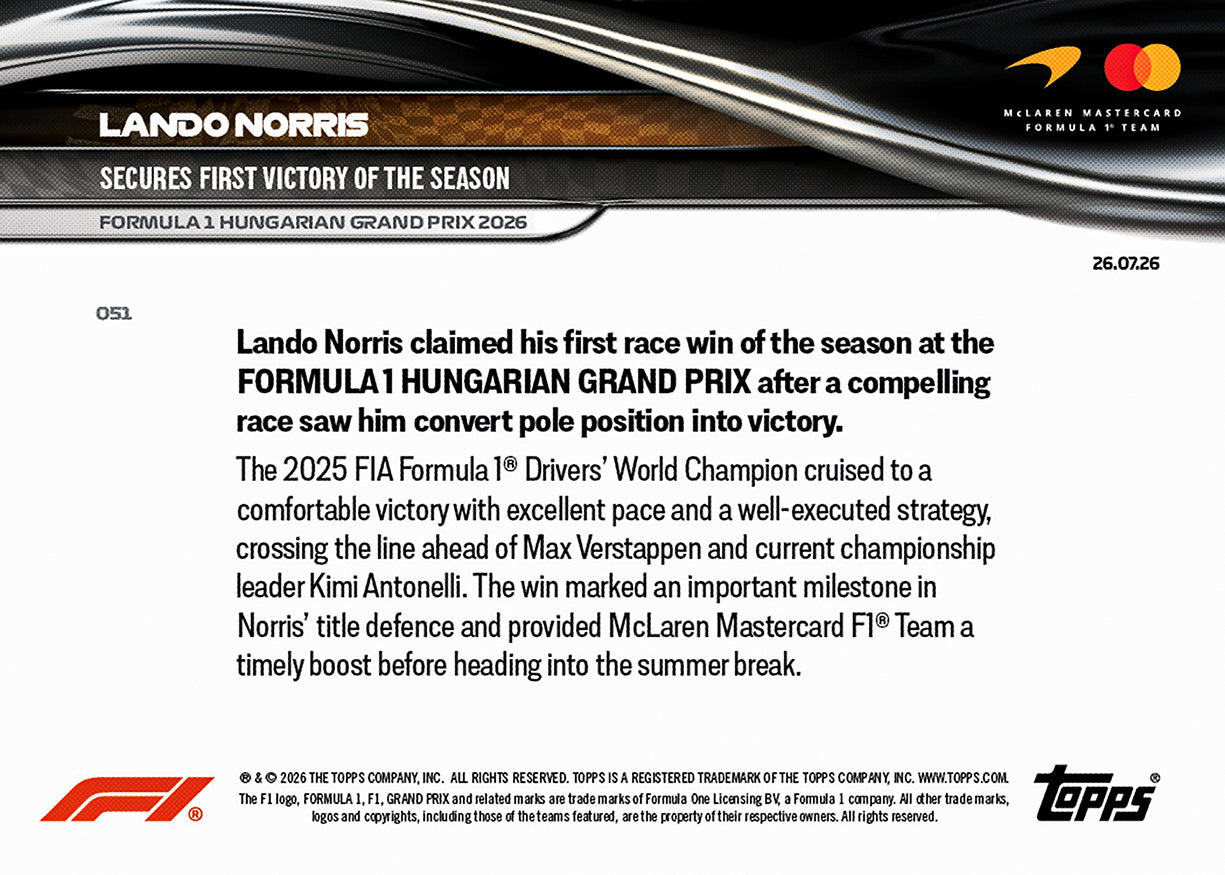 Lando Norris - 2026 F1 Topps Now #51 Hungarian GP 贏車卡【團購】
