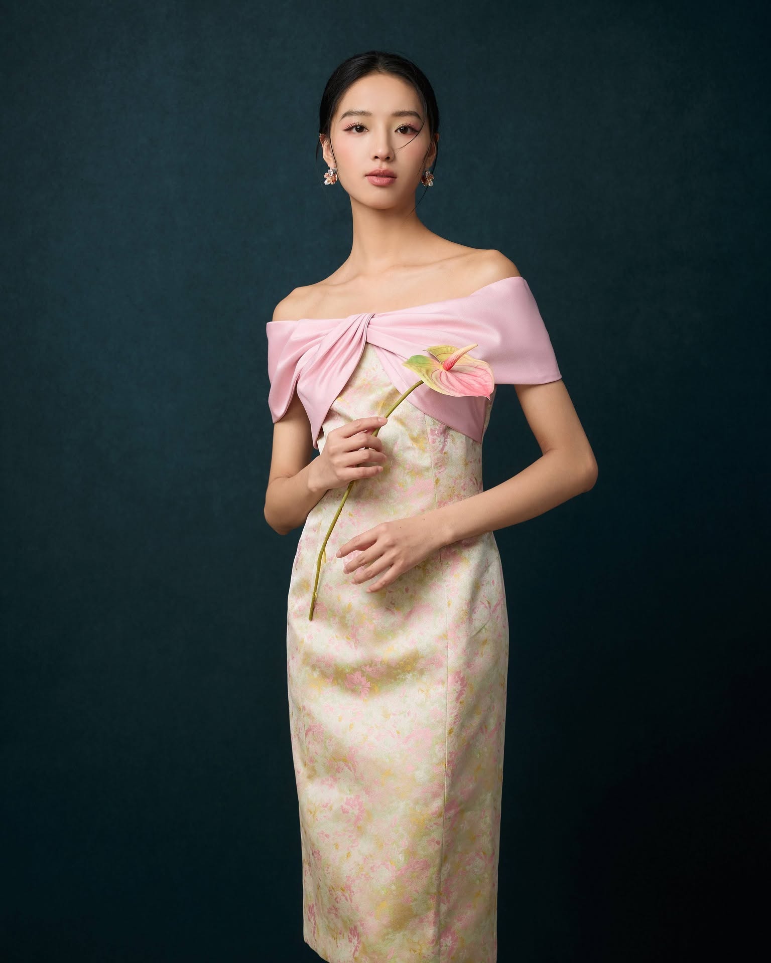 花卉锦缎中长连身裙 D0369