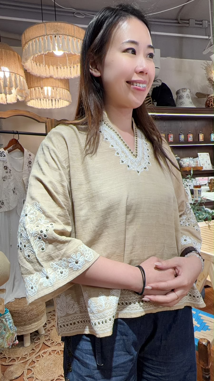PKT 2625 Beige with White Pattern Emb. Top