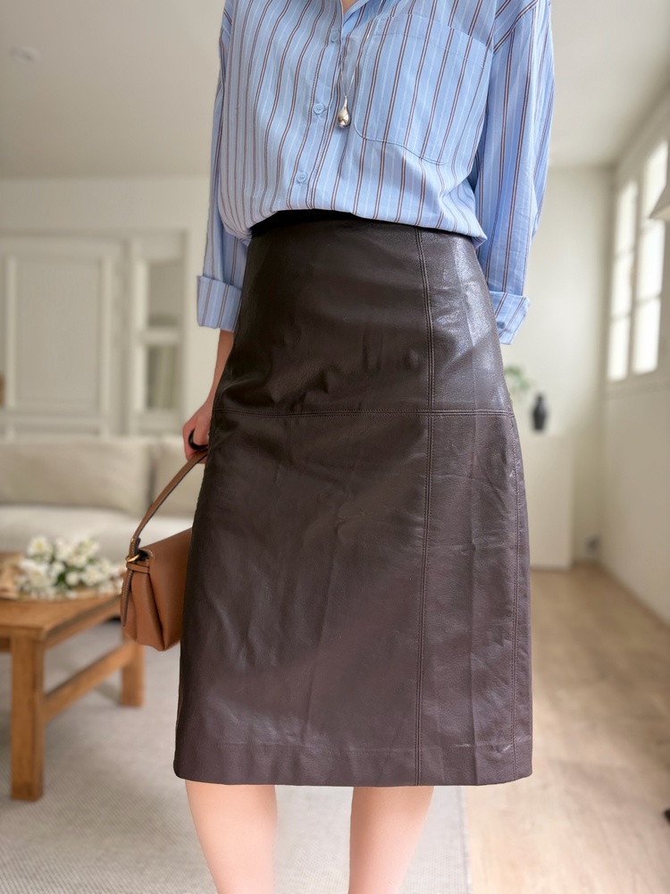 Faux Leather Midi Skirt (Brown)