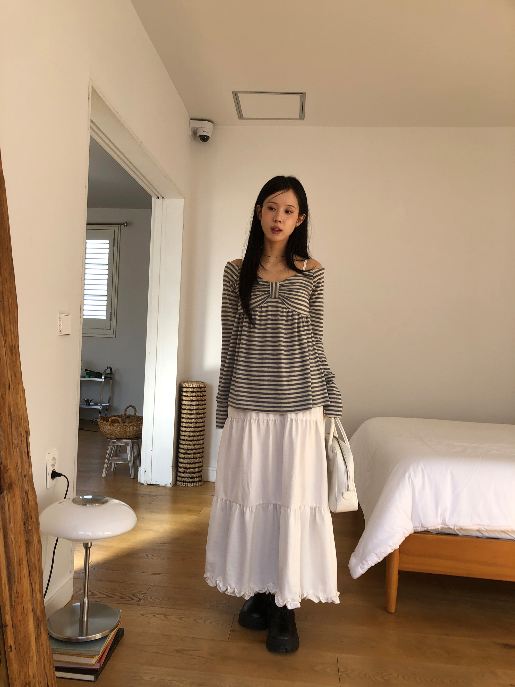 Striped Bow Ruched Long Sleeve