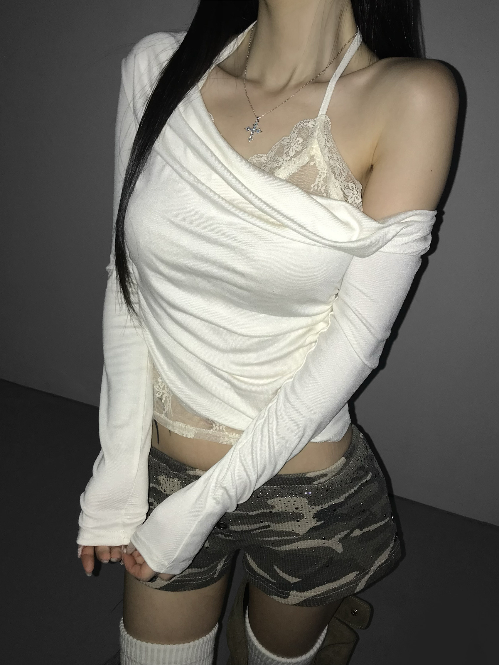 Waffle Knit Rhinestone Camo Shorts