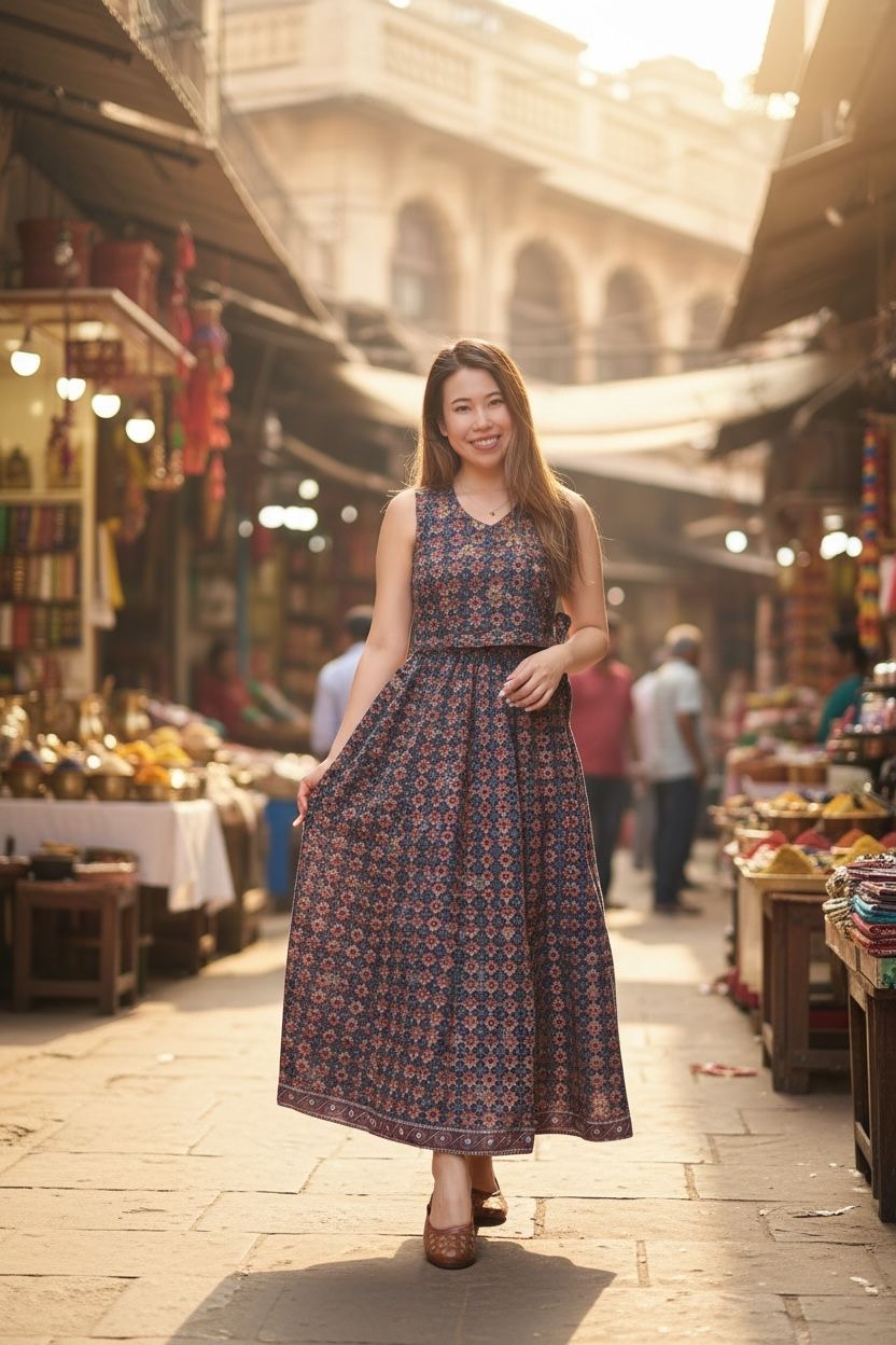 Navy Blue Floral Set of 2 (V-neck Top+Skirt37") #005