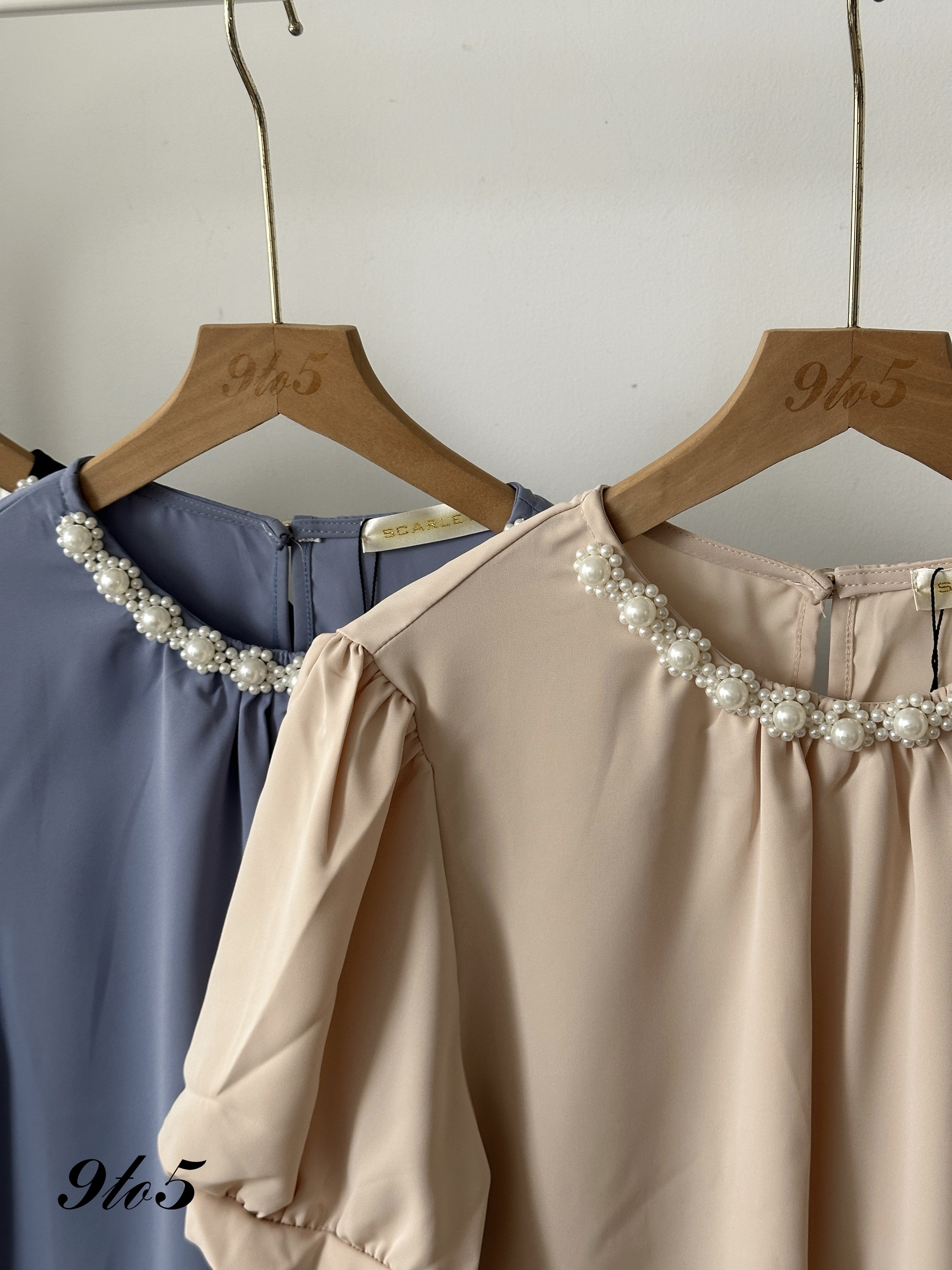 T4071 Puff Sleeve Pearl Collar Top - 3 Colors 