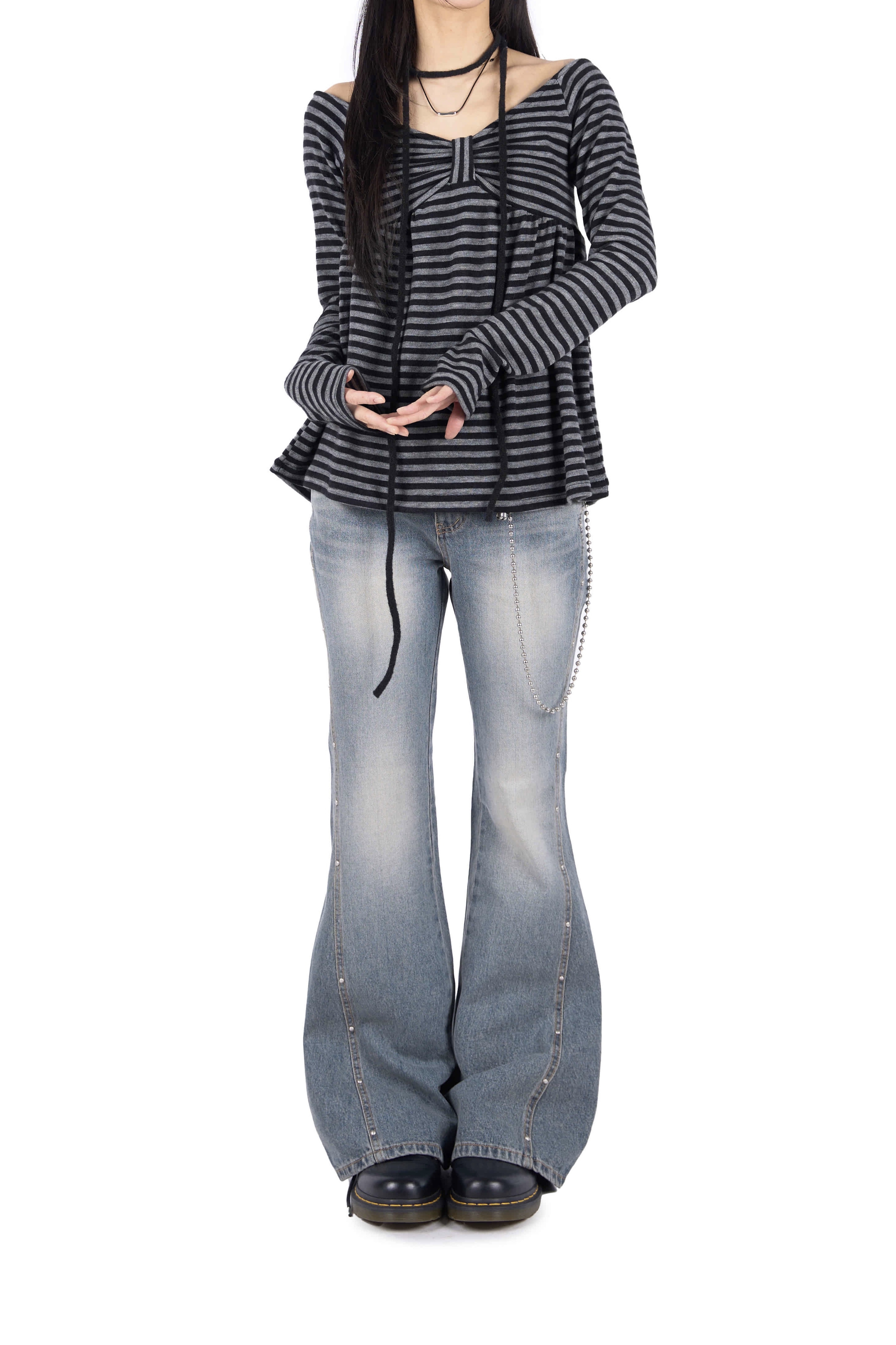 Striped Bow Ruched Long Sleeve