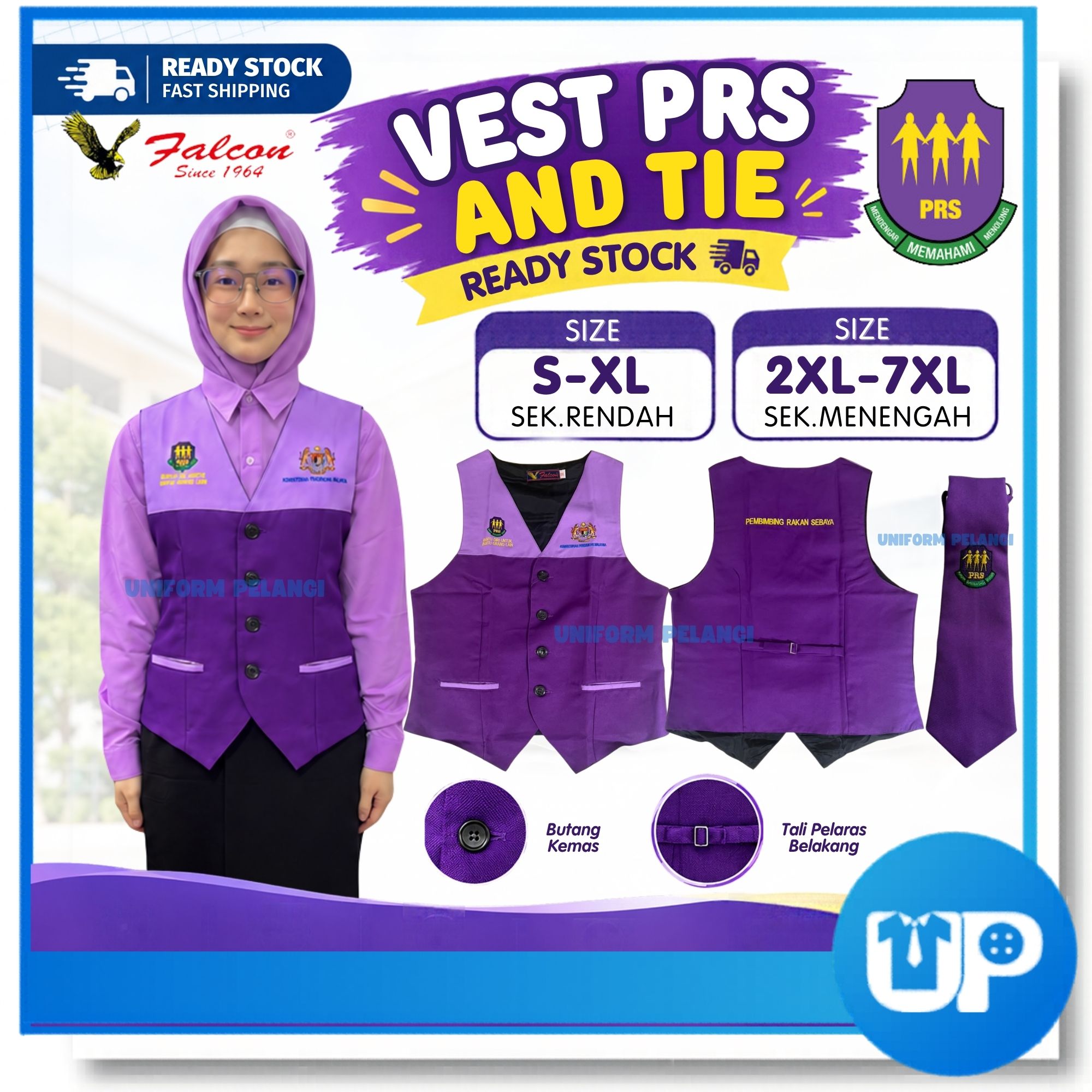 Falcon Vest PRS Sulam Pembimbing Rakan Sebaya Sekolah Rendah Menengah Tali Leher Original Warna Ungu