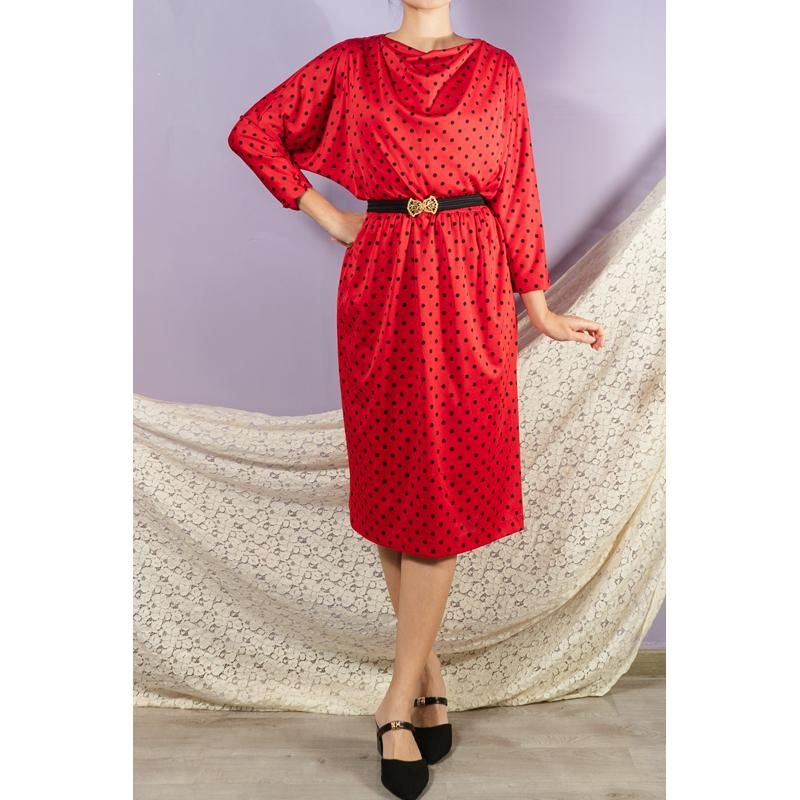 Vintage Japanese Iconic Red and Black Dotty Pattern Cowl Collar Dress / 80s Party Dress (MT1608-157)