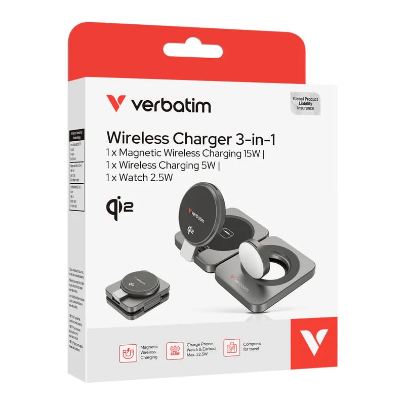 Verbatim 3 合 1 無線充電器：15W 磁吸無線充電、5W 無線充電、2.5W 手錶充電