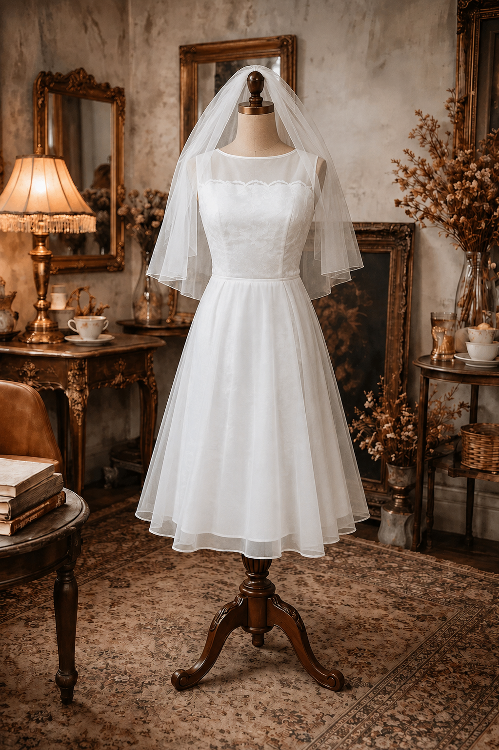 RARE! Vintage 1960s White Day Dress / 60s Wedding Dress with Veil from Canada(MT1228)