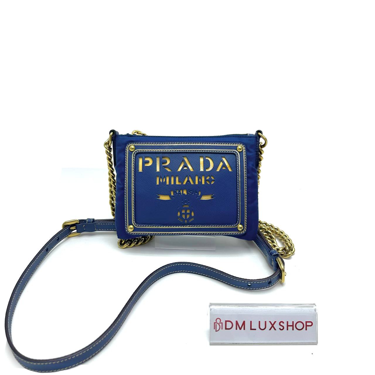 Prada Blue Tessuto Oro Pouch w/ Chain Strap GHW