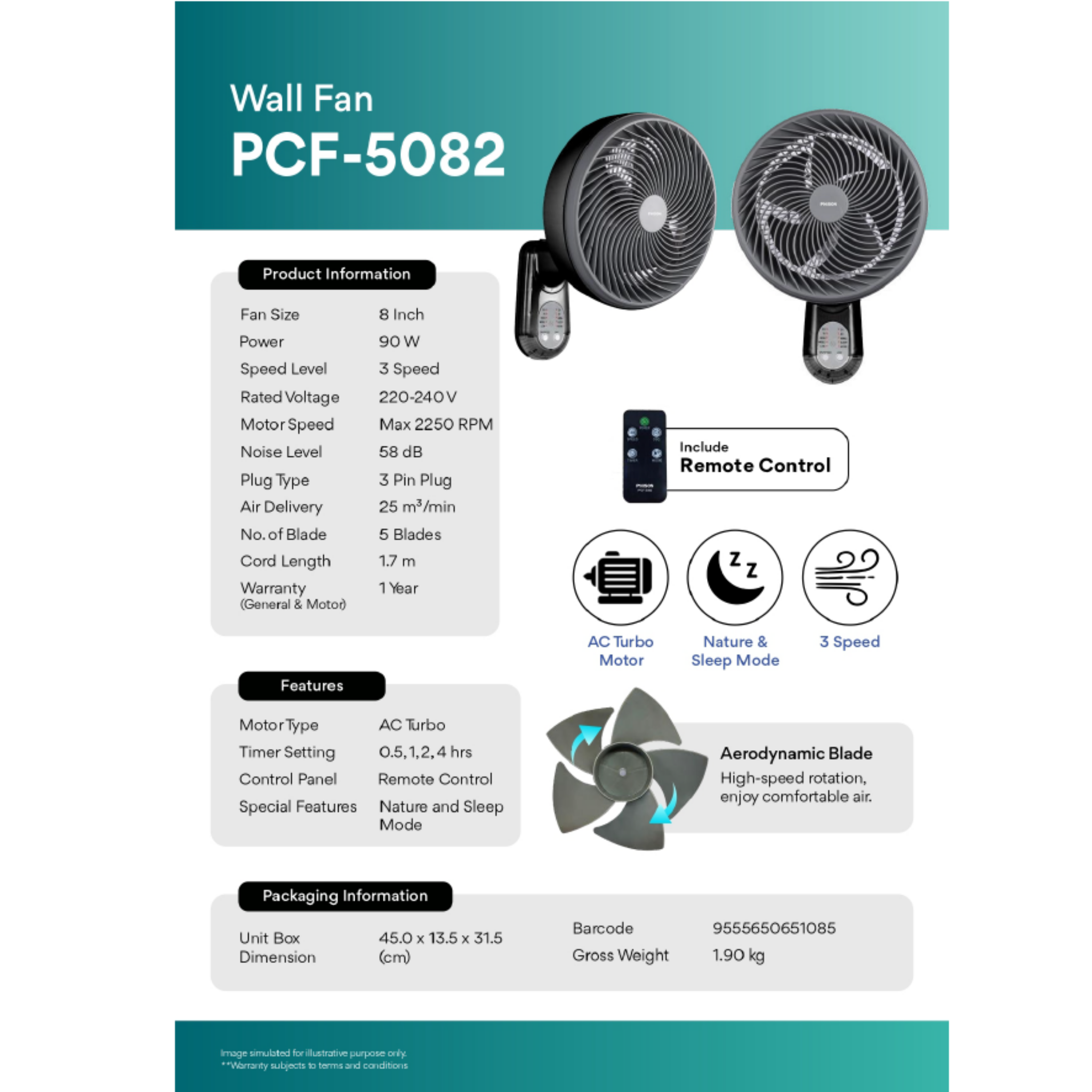 Phison 8" Remote Circulation Wall Fan (PCF-5082)
