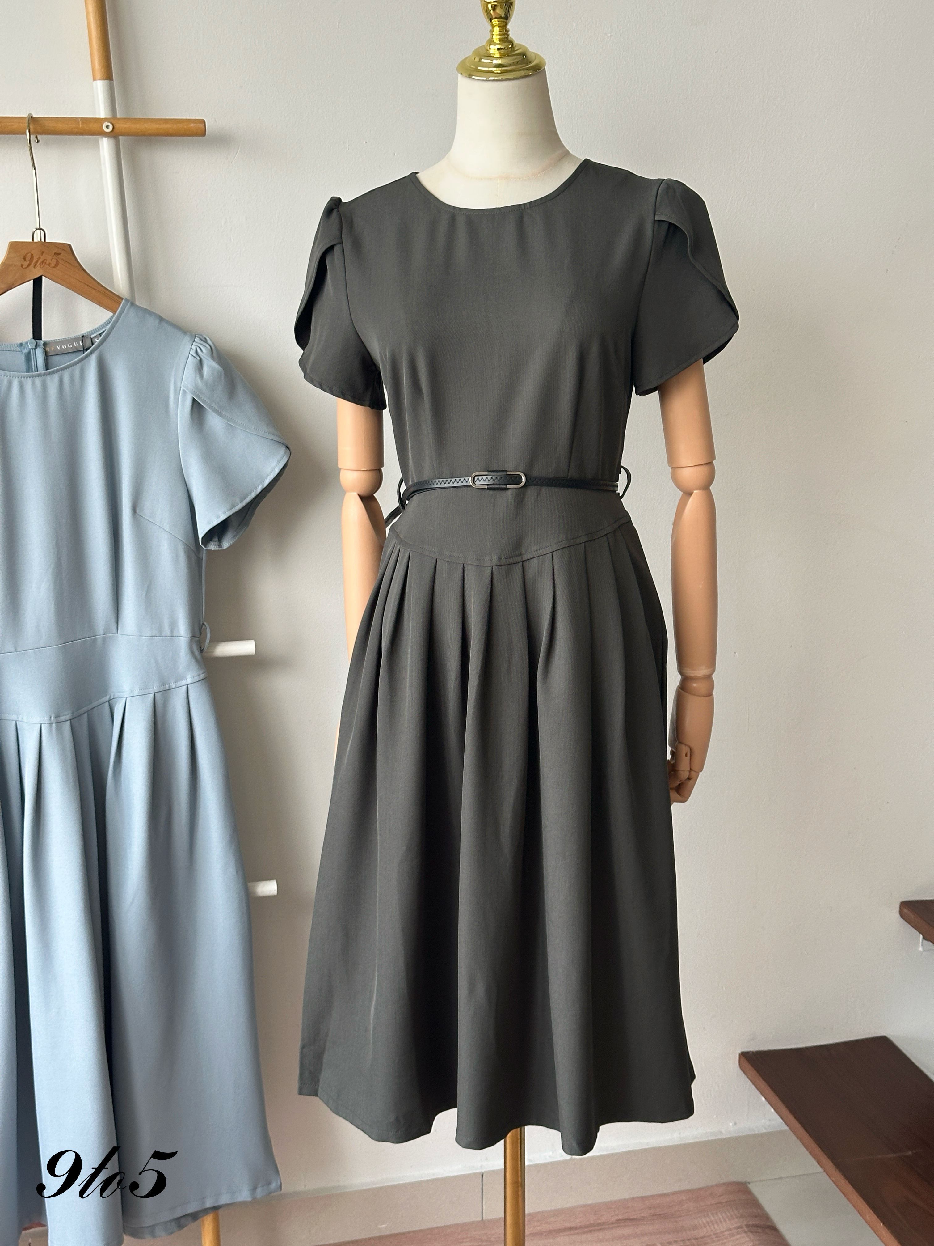 D2369 Puff Sleeve Pleated Dress - 3 Colors 