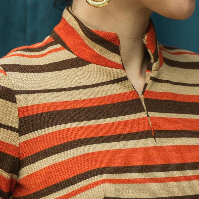 Vintage Japanese 1960s MOD Linear Pattern Brown Orange Tone Mini Skirt Dress (MT1541-11)
