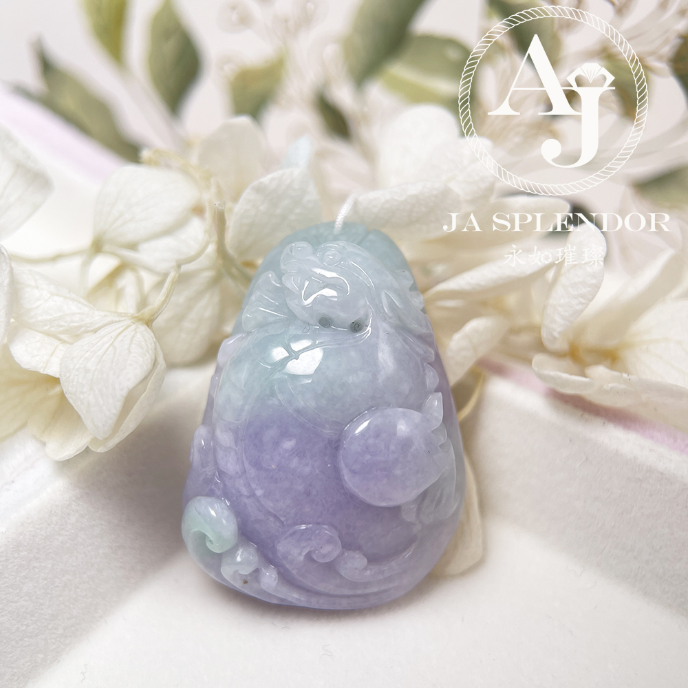 JN-3366 天然翡翠A玉 大師級鏤空精雕俏色春彩雙魚福壽映荷吊墜