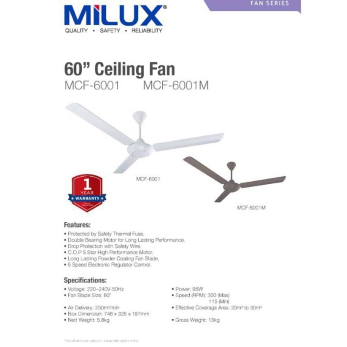 Milux 60" 95W 3-Blade Ceiling Fan (MCF-6001)