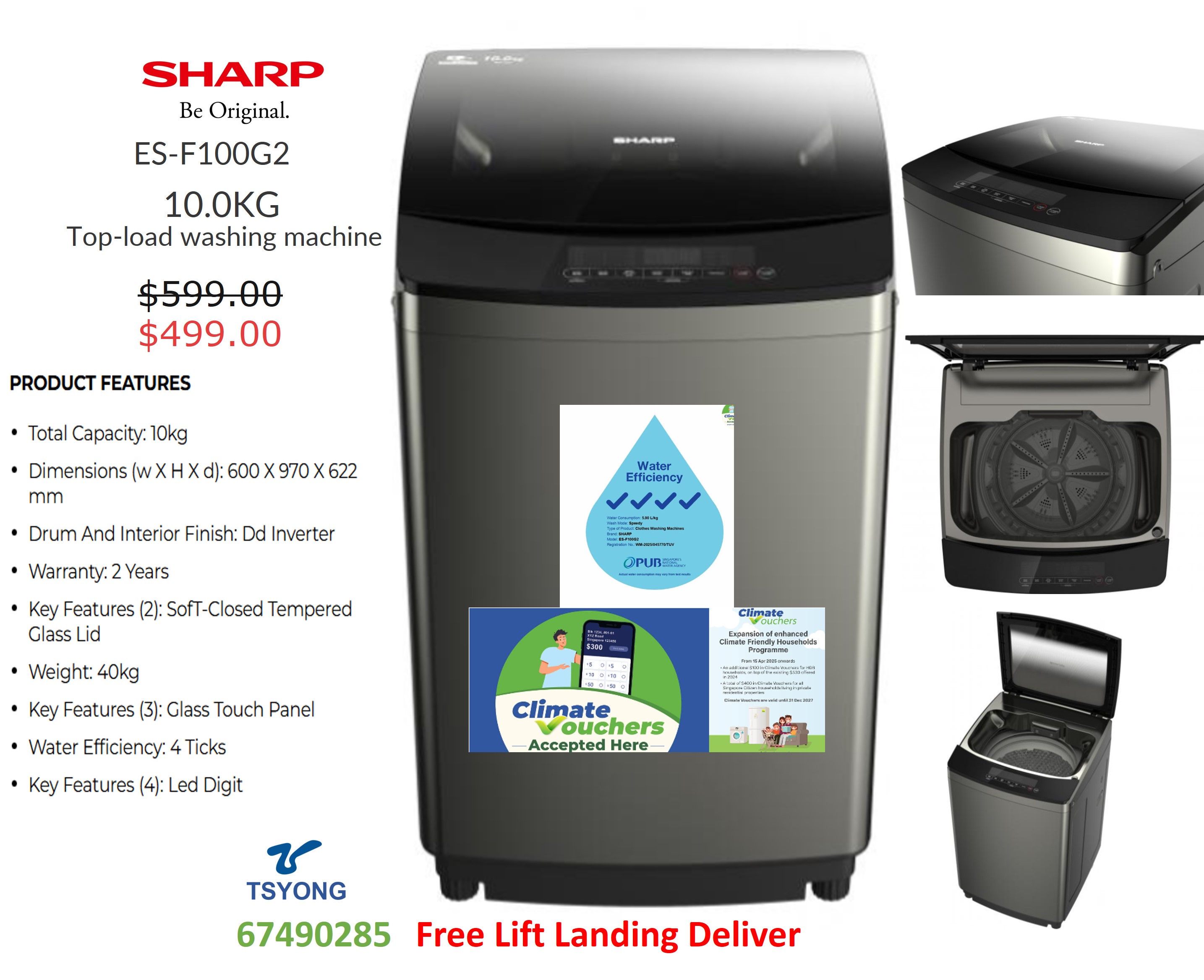 SHARP 10kg Top Load Washing Machine ES-F100G2 10kg